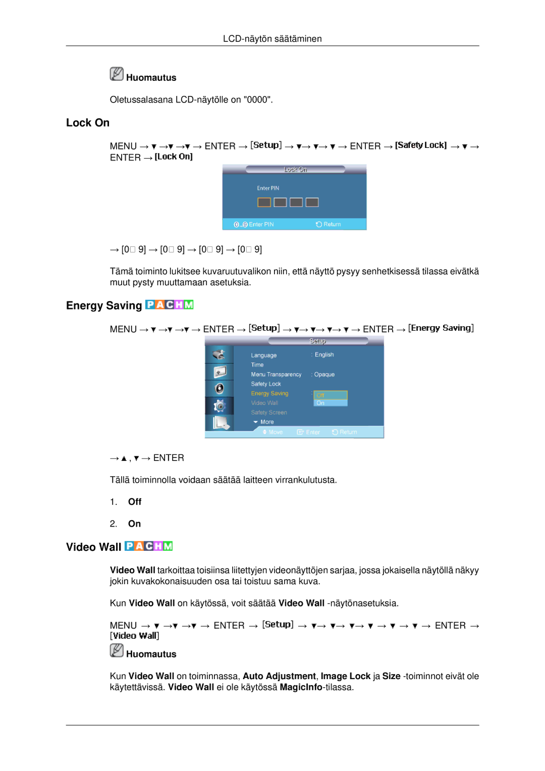 Samsung LH46MRPLBF/EN, LH40MRTLBC/EN, LH40MRPLBF/EN, LH46MRTLBC/EN, LH46MSTLBB/EN manual Lock On, Energy Saving, Video Wall 