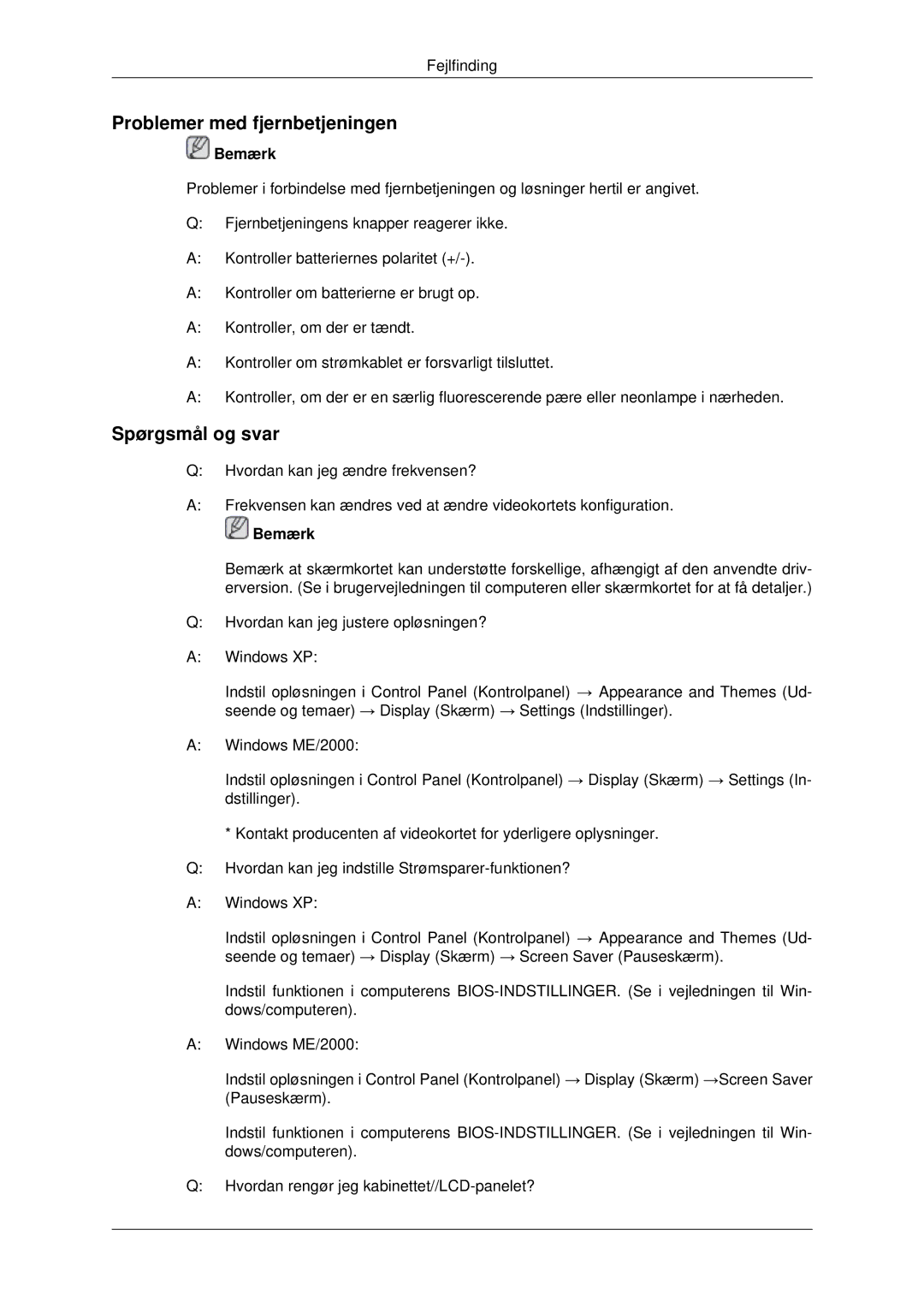 Samsung LH40MRPLBF/EN, LH46MRPLBF/EN, LH40MRTLBC/EN, LH46MRTLBC/EN manual Problemer med fjernbetjeningen, Spørgsmål og svar 