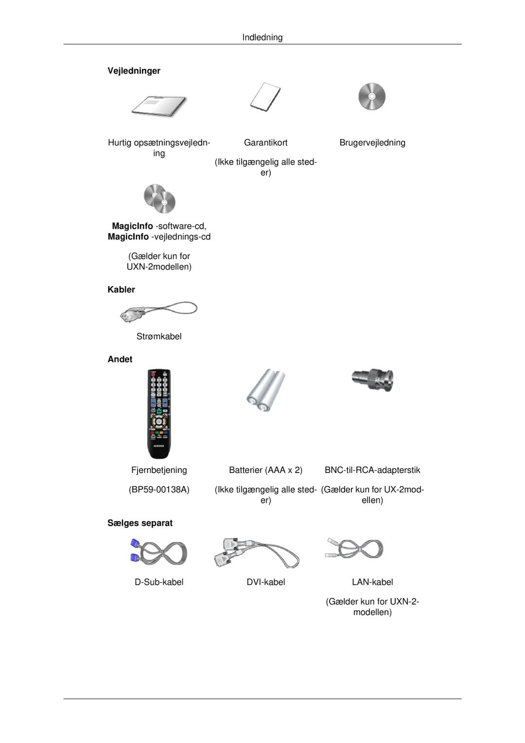 Samsung LH40MRTLBC/EN, LH46MRPLBF/EN, LH40MRPLBF/EN, LH46MRTLBC/EN, LH46MSTLBB/EN Vejledninger, Kabler, Andet, Sælges separat 