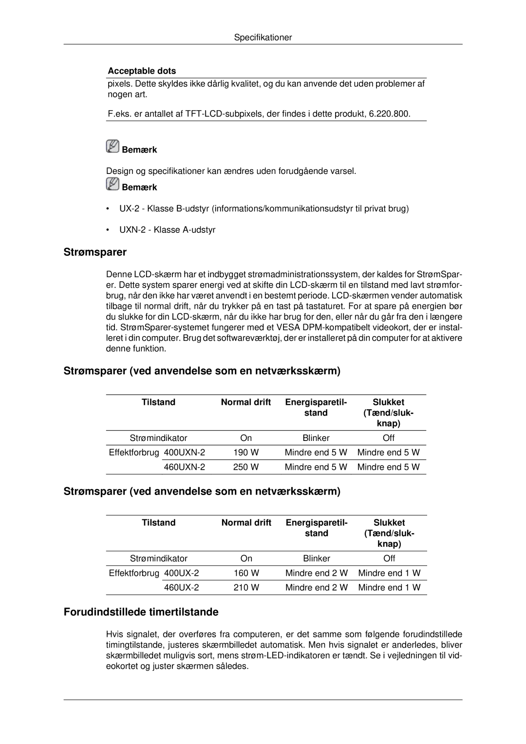 Samsung LH40MRTLBC/EN, LH46MRPLBF/EN Strømsparer ved anvendelse som en netværksskærm, Forudindstillede timertilstande 