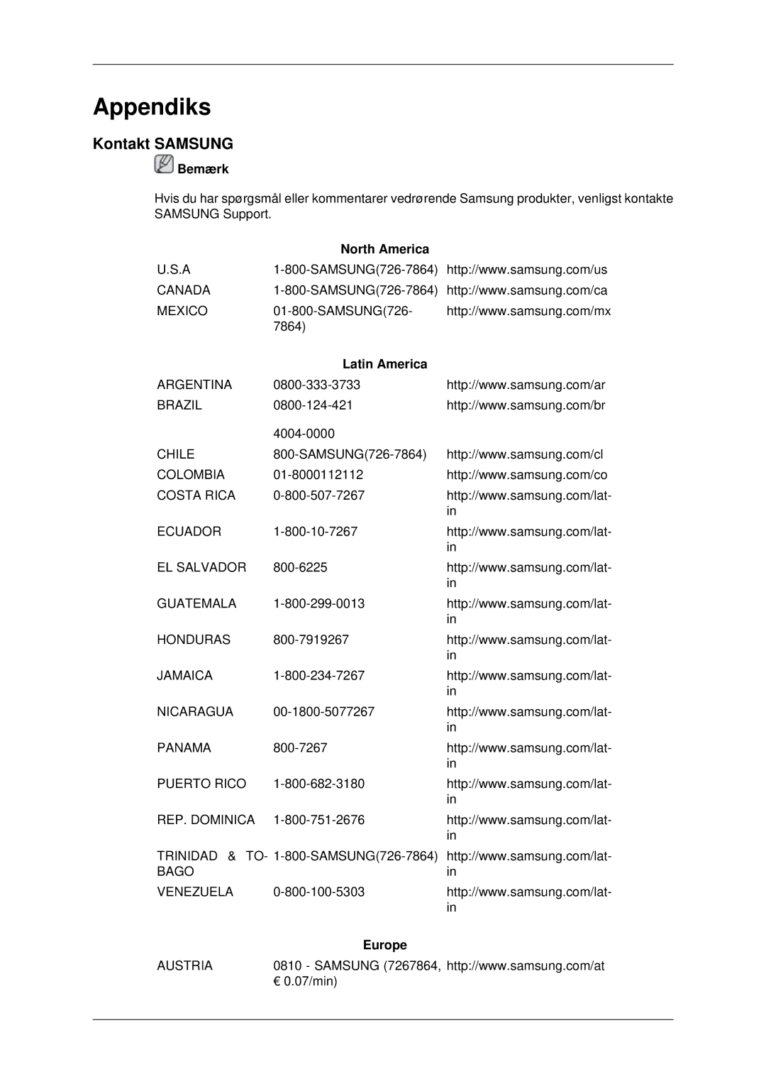 Samsung LH46MRTLBC/EN, LH46MRPLBF/EN, LH40MRTLBC/EN, LH40MRPLBF/EN Kontakt Samsung, North America, Latin America, Europe 