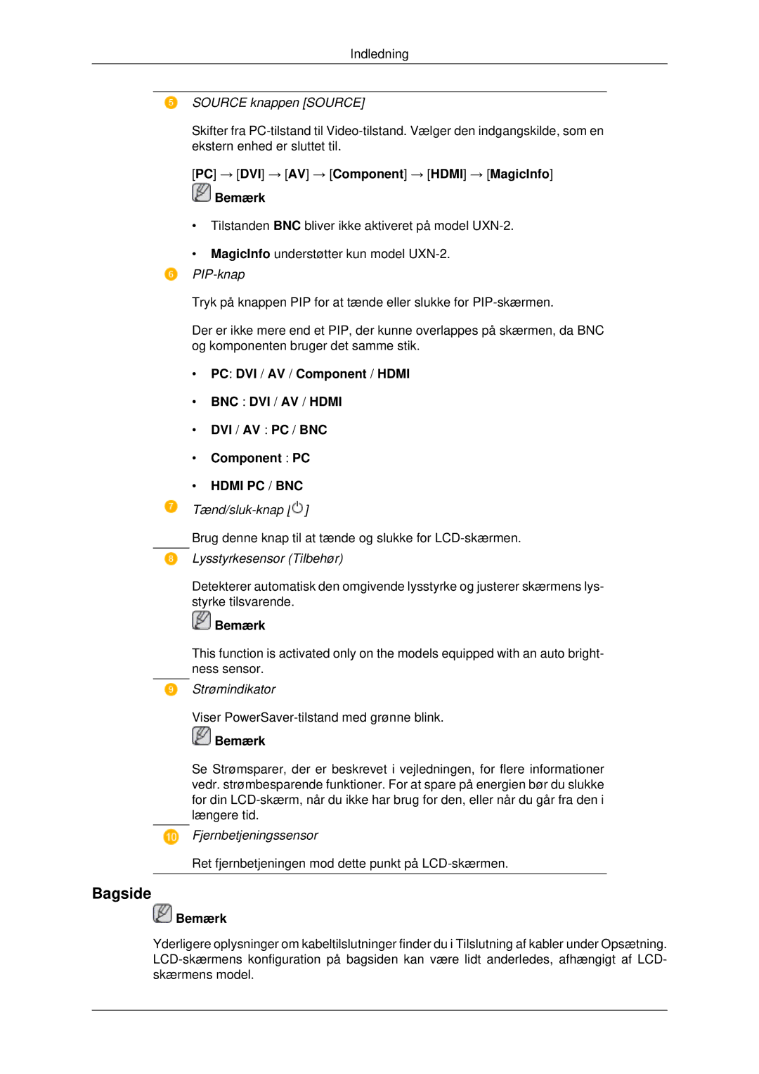 Samsung LH46MRTLBC/EN manual Bagside, PC → DVI → AV → Component → Hdmi → MagicInfo Bemærk, PC DVI / AV / Component / Hdmi 