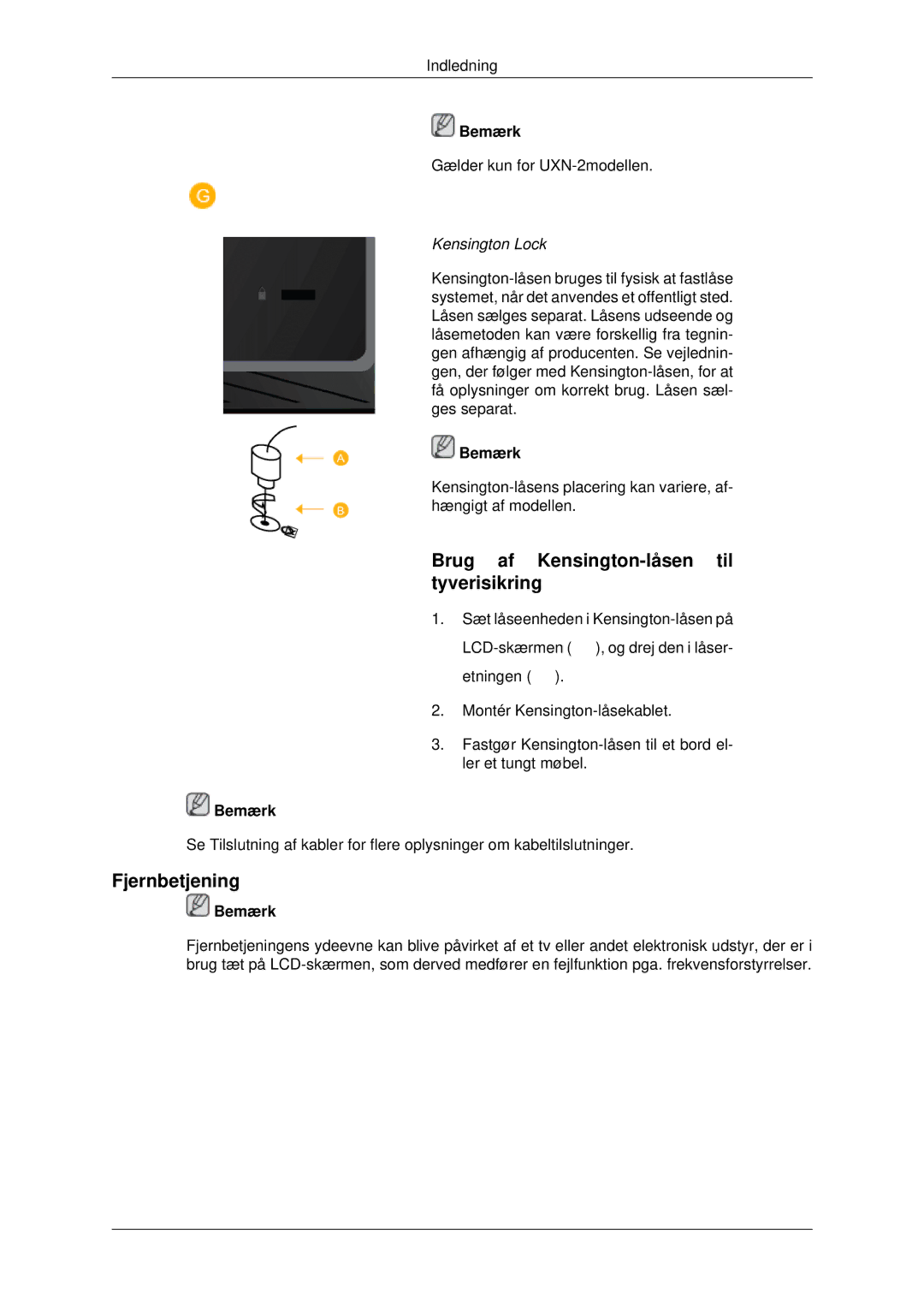 Samsung LH40MRPLBF/EN, LH46MRPLBF/EN, LH40MRTLBC/EN manual Brug af Kensington-låsen til tyverisikring, Fjernbetjening 