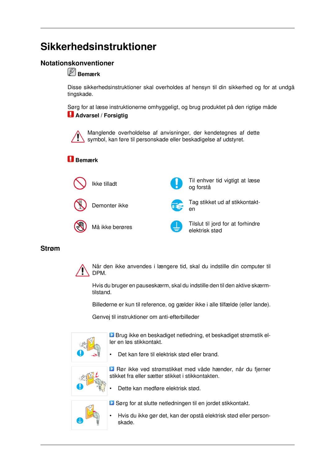 Samsung LH40MRPLBF/EN, LH46MRPLBF/EN, LH40MRTLBC/EN, LH46MRTLBC/EN, LH46MSTLBB/EN manual Notationskonventioner, Strøm, Bemærk 