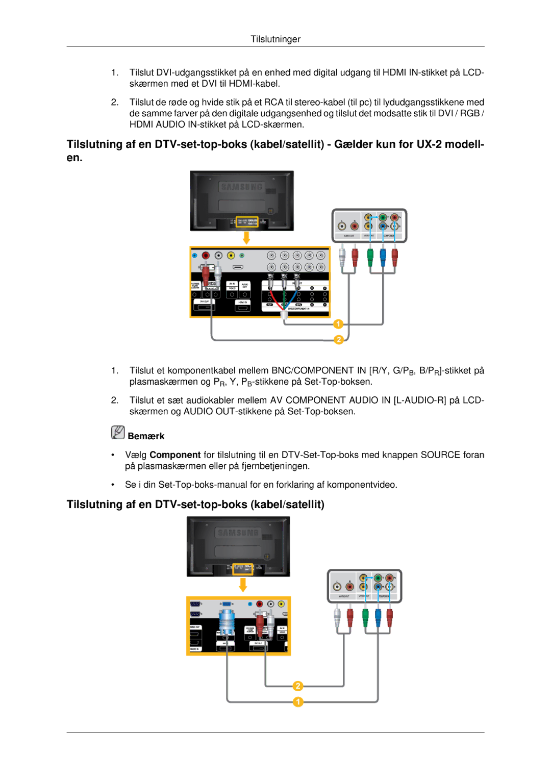 Samsung LH46MRTLBC/EN, LH46MRPLBF/EN, LH40MRTLBC/EN, LH40MRPLBF/EN manual Tilslutning af en DTV-set-top-boks kabel/satellit 