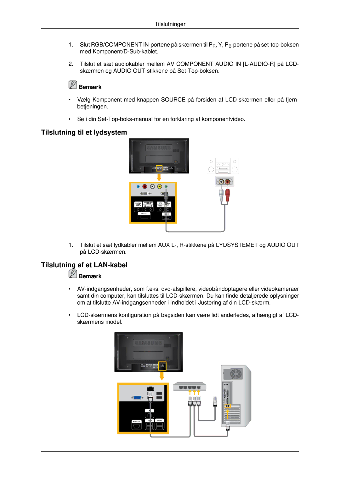 Samsung LH46MSTLBB/EN, LH46MRPLBF/EN, LH40MRTLBC/EN, LH40MRPLBF/EN Tilslutning til et lydsystem, Tilslutning af et LAN-kabel 