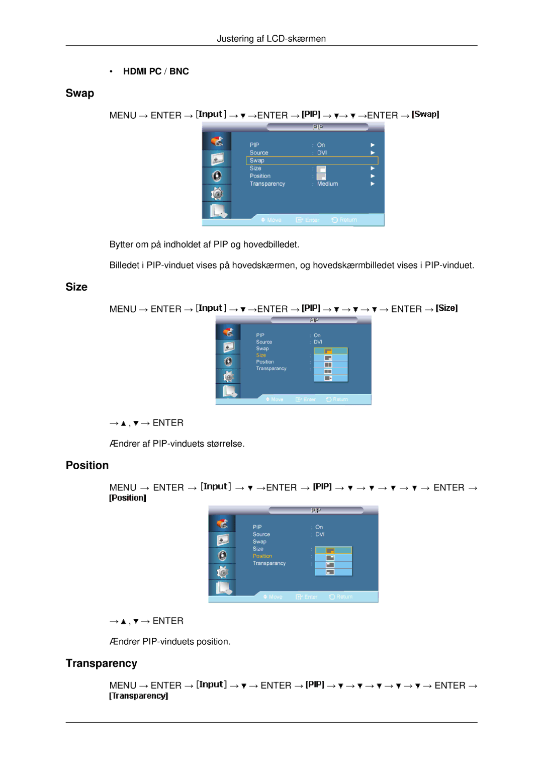 Samsung LH46MRPLBF/EN, LH40MRTLBC/EN, LH40MRPLBF/EN, LH46MRTLBC/EN, LH46MSTLBB/EN manual Swap, Size, Position, Transparency 