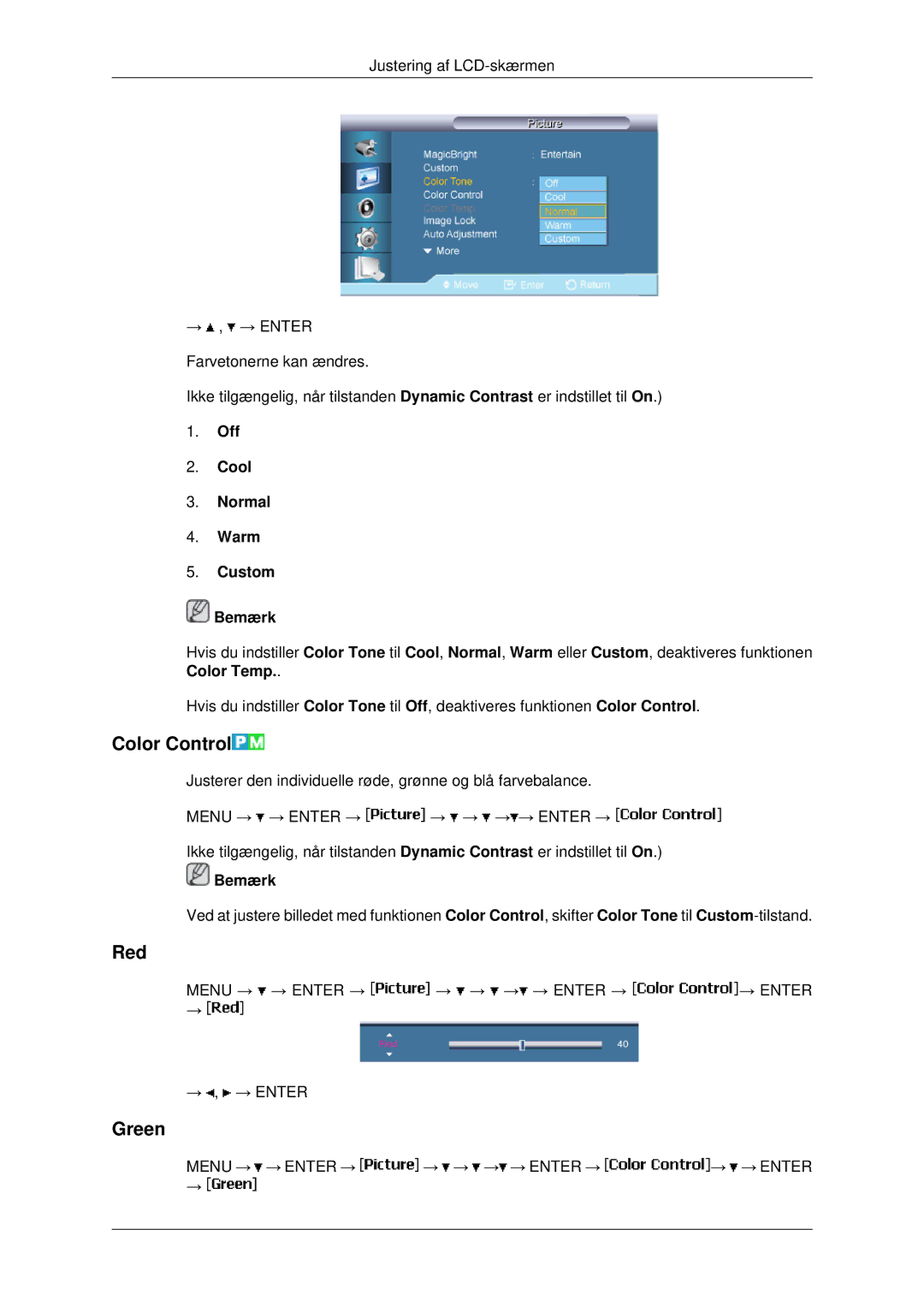 Samsung LH46MSTLBB/EN, LH46MRPLBF/EN, LH40MRTLBC/EN manual Color Control, Red, Green, Off Cool Normal Warm Custom Bemærk 