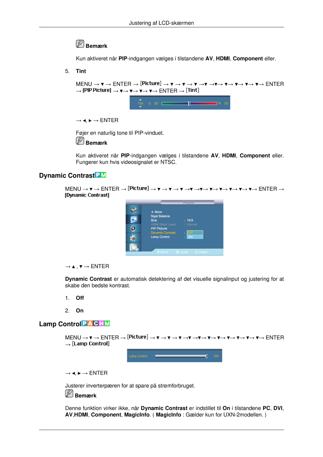 Samsung LH46MRPLBF/EN, LH40MRTLBC/EN, LH40MRPLBF/EN, LH46MRTLBC/EN, LH46MSTLBB/EN manual Dynamic Contrast, Lamp Control, Tint 