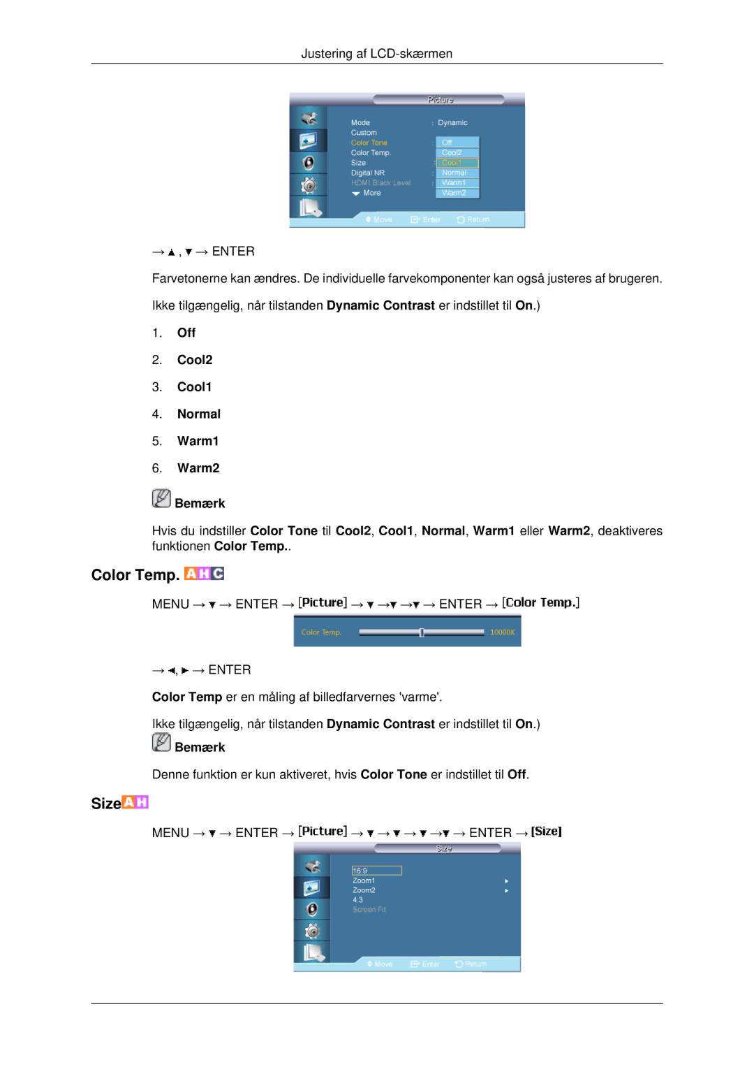 Samsung LH46MRTLBC/EN, LH46MRPLBF/EN, LH40MRTLBC/EN, LH40MRPLBF/EN Color Temp, Off Cool2 Cool1 Normal Warm1 Warm2 Bemærk 