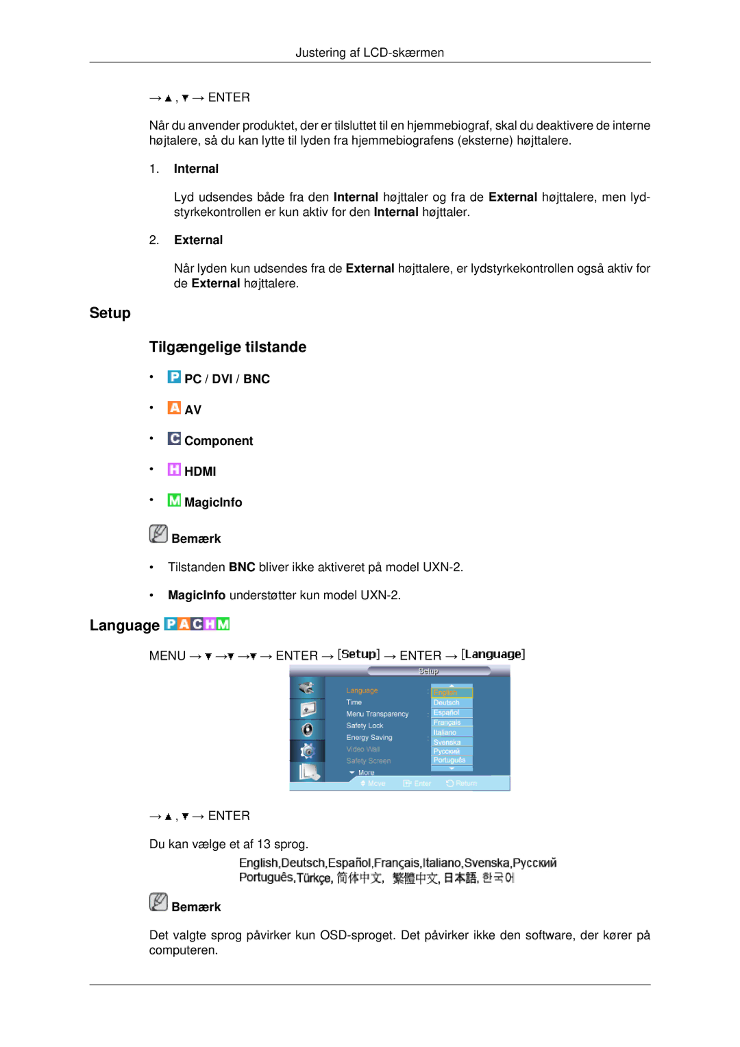 Samsung LH40MRTLBC/EN, LH46MRPLBF/EN, LH40MRPLBF/EN manual Setup Tilgængelige tilstande, Language, Internal, External 