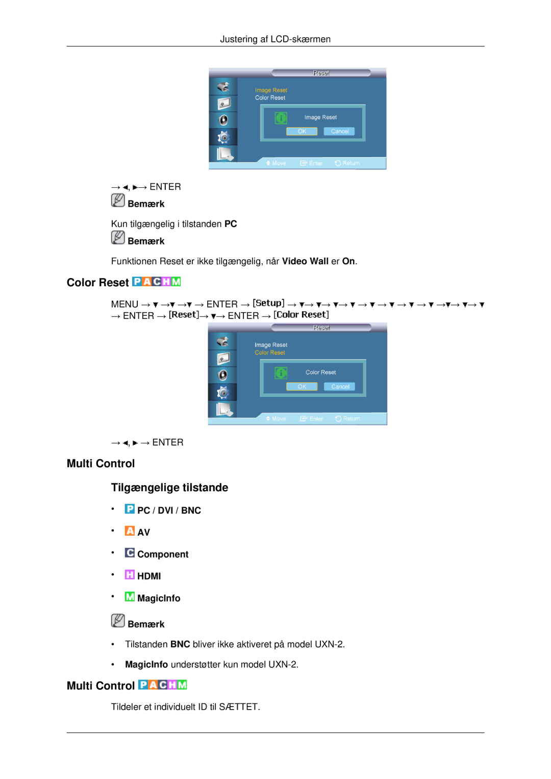 Samsung LH46MRTLBC/EN, LH46MRPLBF/EN, LH40MRTLBC/EN, LH40MRPLBF/EN manual Color Reset, Multi Control Tilgængelige tilstande 