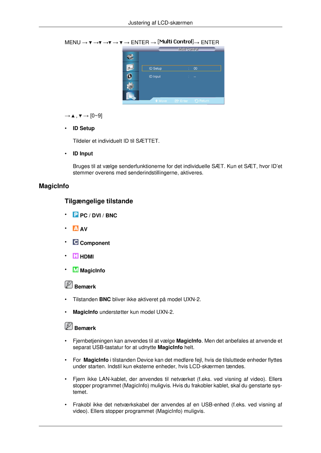 Samsung LH46MSTLBB/EN, LH46MRPLBF/EN, LH40MRTLBC/EN, LH40MRPLBF/EN manual MagicInfo Tilgængelige tilstande, ID Setup, ID Input 