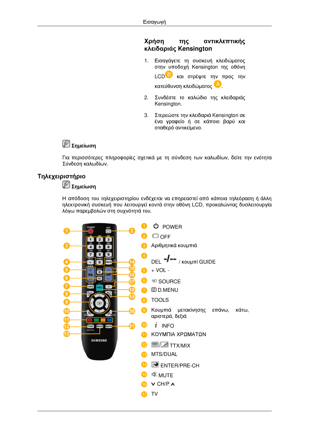 Samsung LH46MRTLBC/EN, LH46MRPLBF/EN, LH40MRTLBC/EN manual Χρήση της αντικλεπτικής κλειδαριάς Kensington, Τηλεχειριστήριο 