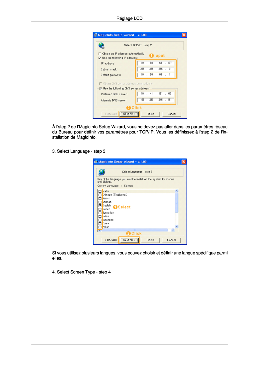 Samsung LH46MSTLBB/EN, LH46MRPLBF/EN, LH40MRTLBC/EN manual Réglage LCD, Select Language - step, Select Screen Type - step 