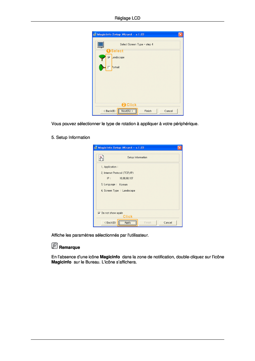 Samsung LH46MRPLBF/EN manual Réglage LCD, Setup Information, Affiche les paramètres sélectionnés par lutilisateur, Remarque 