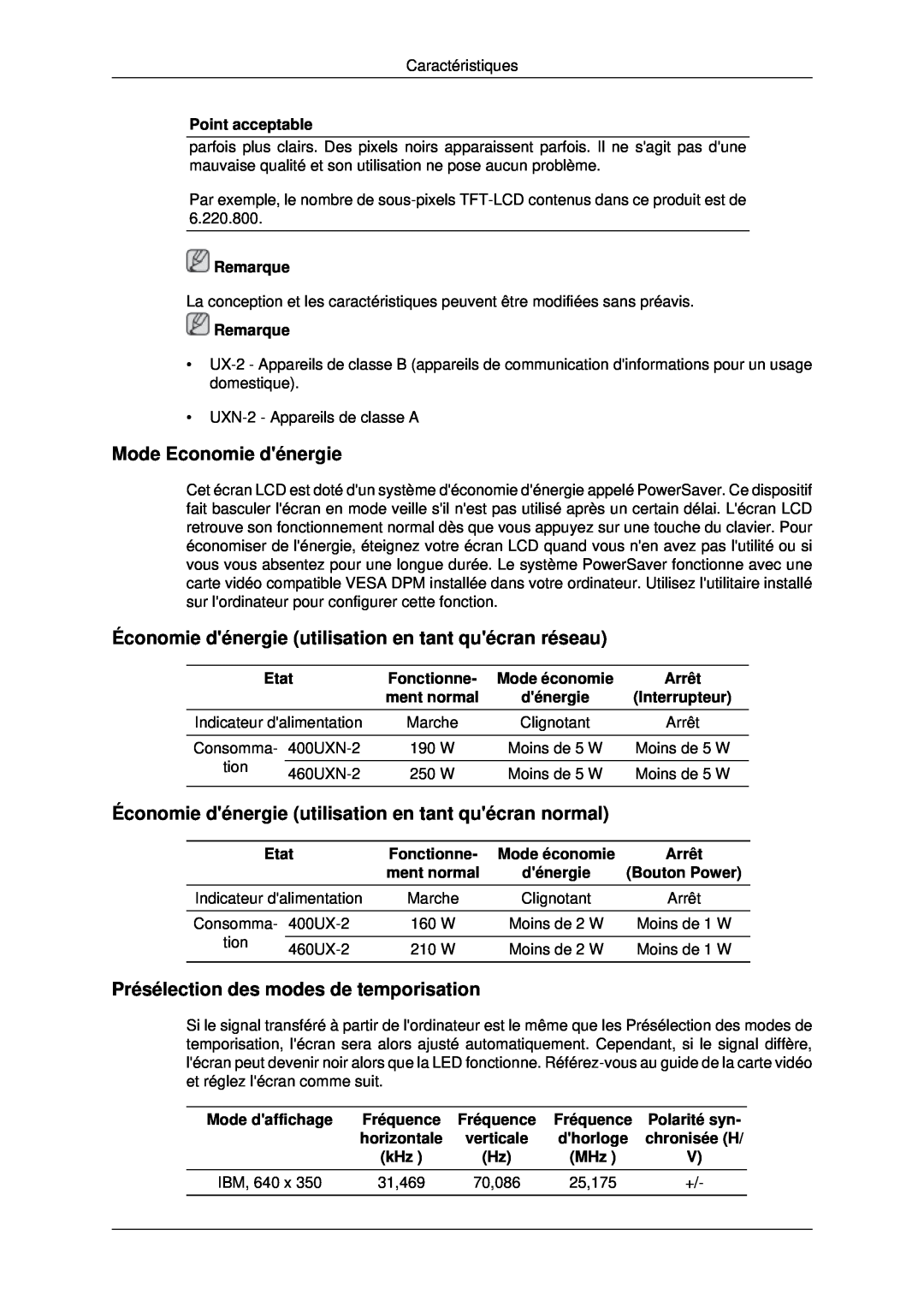 Samsung LH46MSTLBB/EN manual Mode Economie dénergie, Économie dénergie utilisation en tant quécran réseau, Etat, Fonctionne 