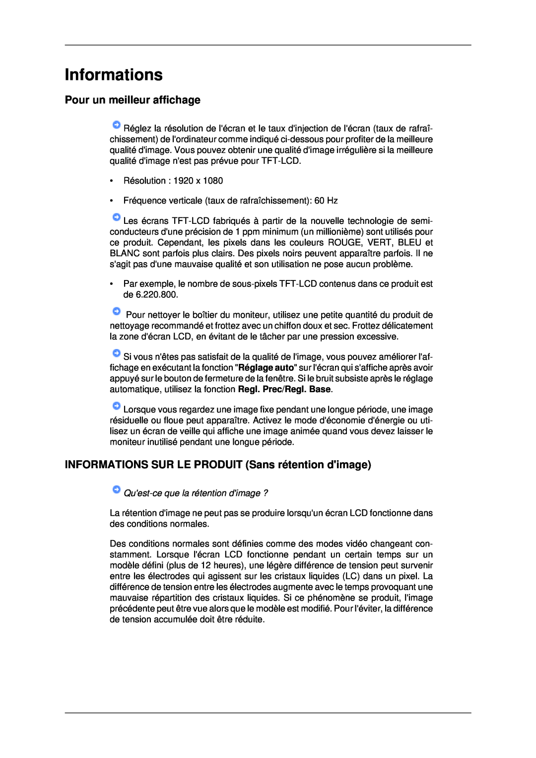 Samsung LH40MRTLBC/EN manual Informations, Pour un meilleur affichage, INFORMATIONS SUR LE PRODUIT Sans rétention dimage 