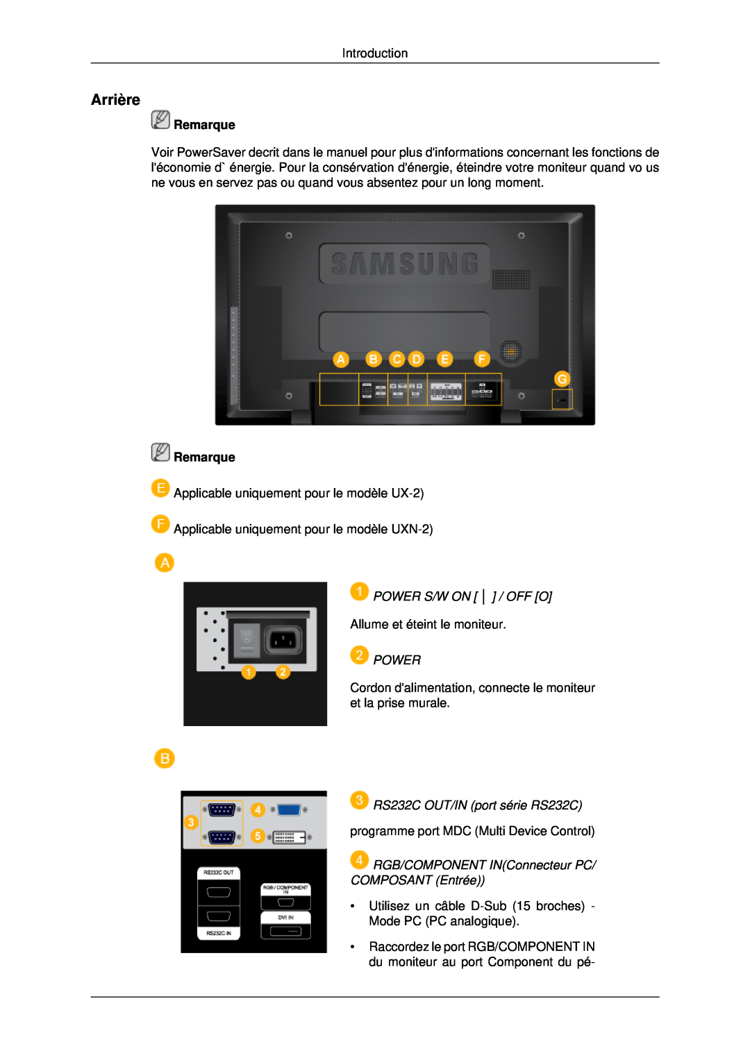 Samsung LH46MSTLBB/EN, LH46MRPLBF/EN manual Arrière, Power S/W On / Off O, RS232C OUT/IN port série RS232C, Remarque 