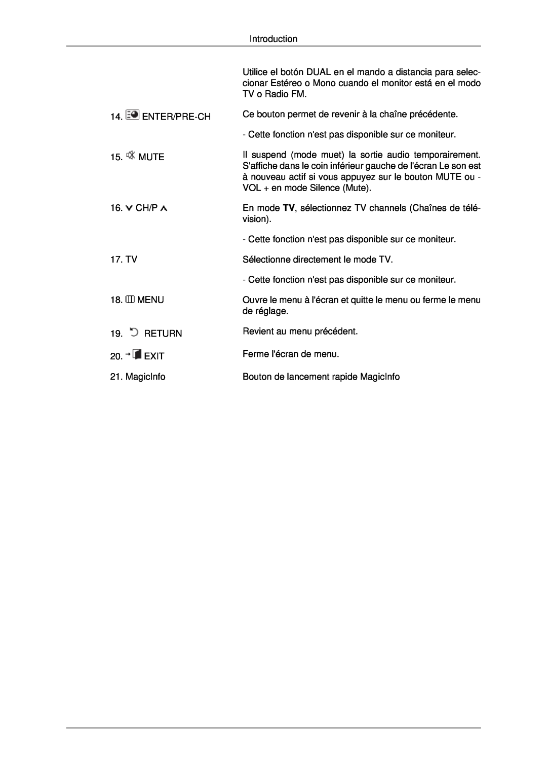 Samsung LH46MRPLBF/EN manual Introduction, Enter/Pre-Ch, Ce bouton permet de revenir à la chaîne précédente, Mute, 16. CH/P 