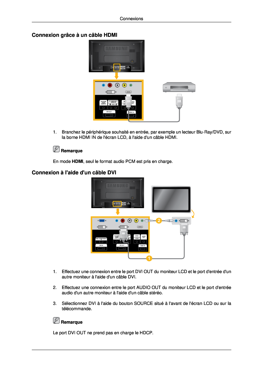 Samsung LH40MRPLBF/EN, LH46MRPLBF/EN manual Connexion grâce à un câble HDMI, Connexion à laide dun câble DVI, Remarque 