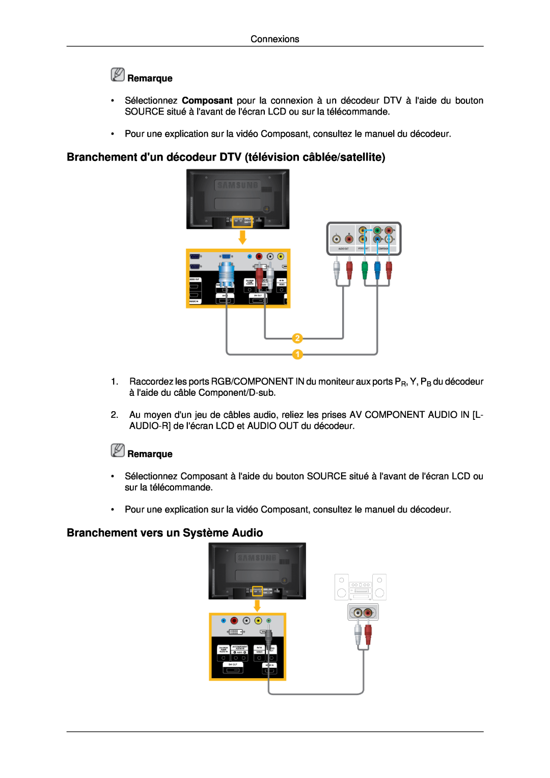 Samsung LH46MSTLBB/EN manual Branchement dun décodeur DTV télévision câblée/satellite, Branchement vers un Système Audio 