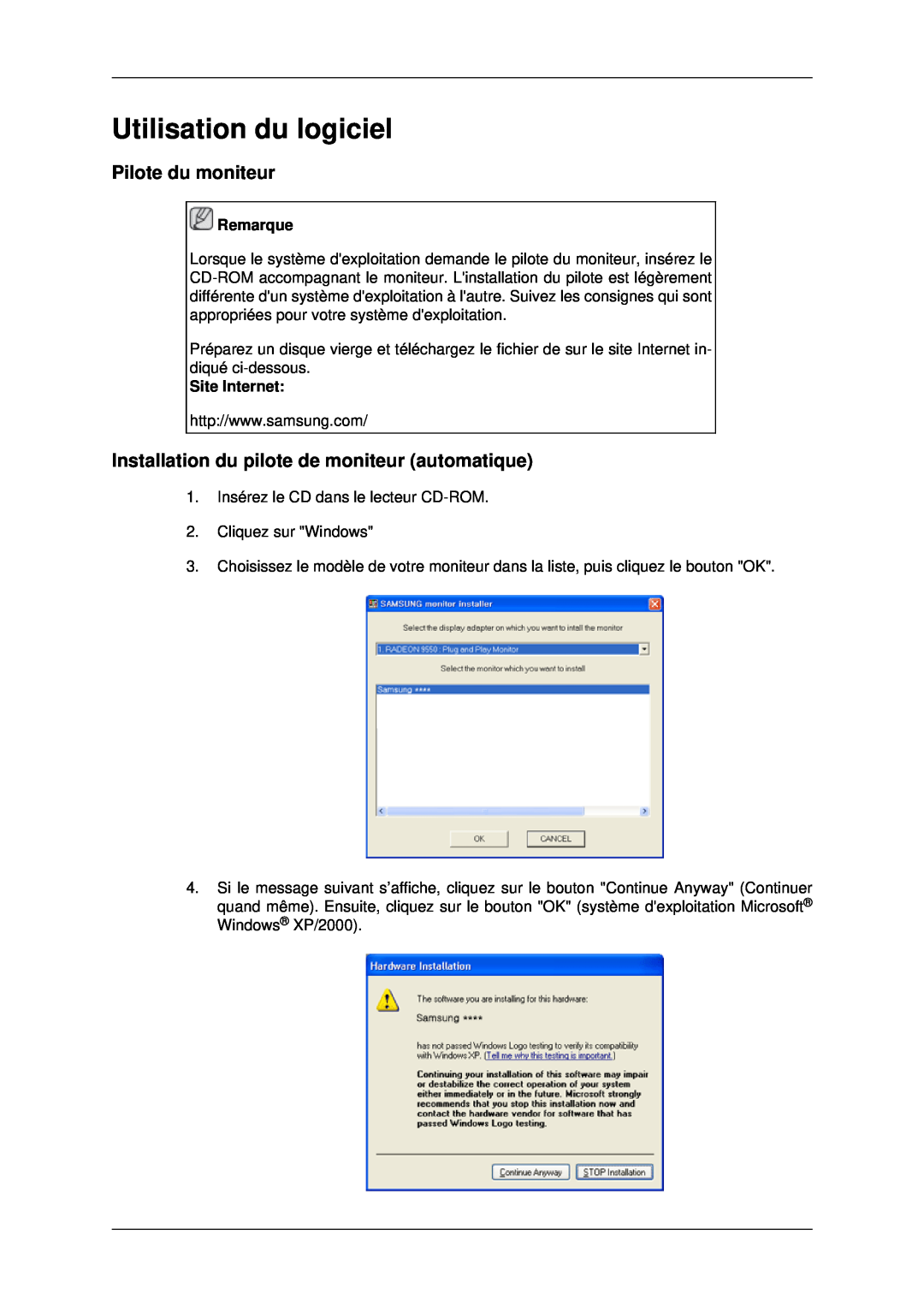 Samsung LH40MRPLBF/EN manual Utilisation du logiciel, Pilote du moniteur, Installation du pilote de moniteur automatique 