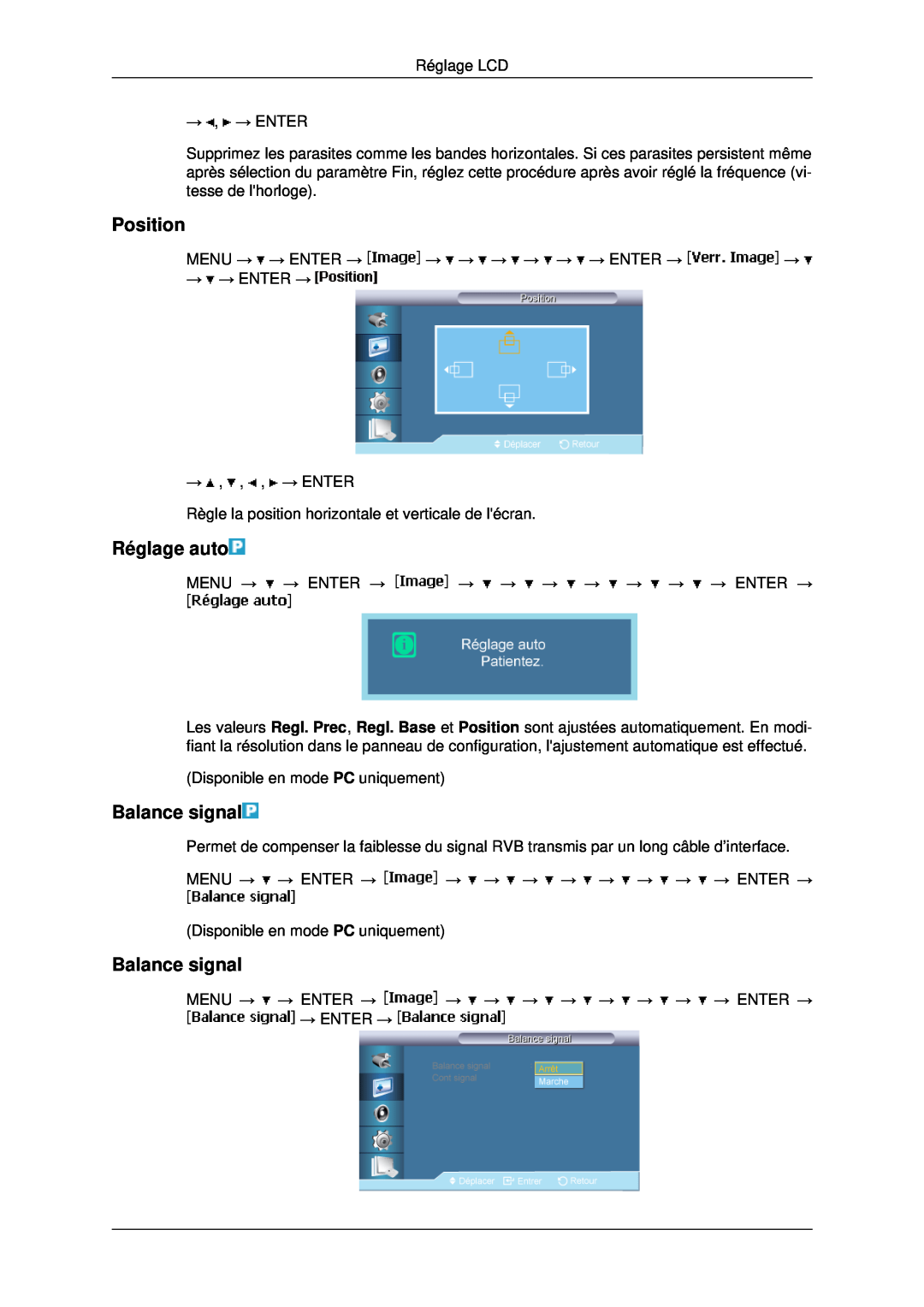 Samsung LH46MRTLBC/EN, LH46MRPLBF/EN, LH40MRTLBC/EN, LH40MRPLBF/EN, LH46MSTLBB/EN manual Réglage auto, Balance signal, Position 