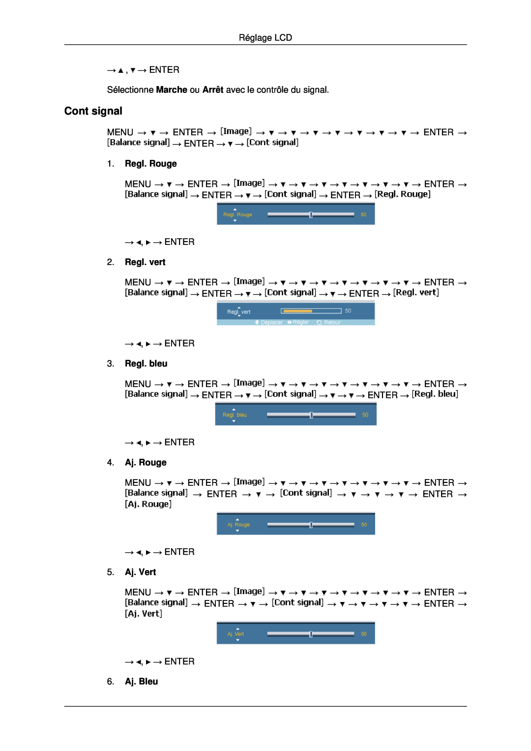 Samsung LH46MSTLBB/EN manual Cont signal, Regl. Rouge, Regl. vert, Regl. bleu, 4. Aj. Rouge, 5. Aj. Vert, 6. Aj. Bleu 