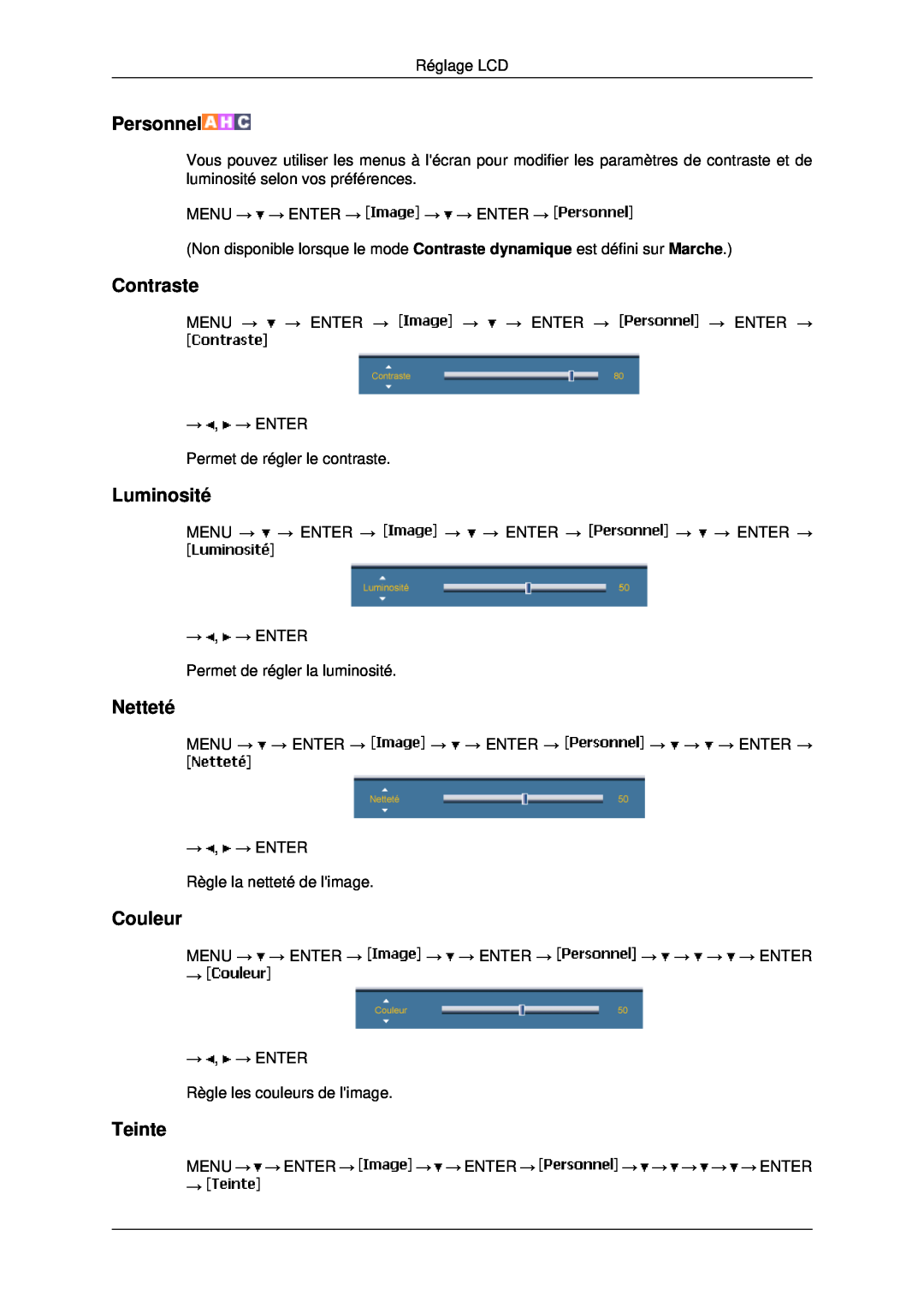 Samsung LH46MSTLBB/EN, LH46MRPLBF/EN, LH40MRTLBC/EN manual Couleur, Teinte, Personnel, Contraste, Luminosité, Netteté 