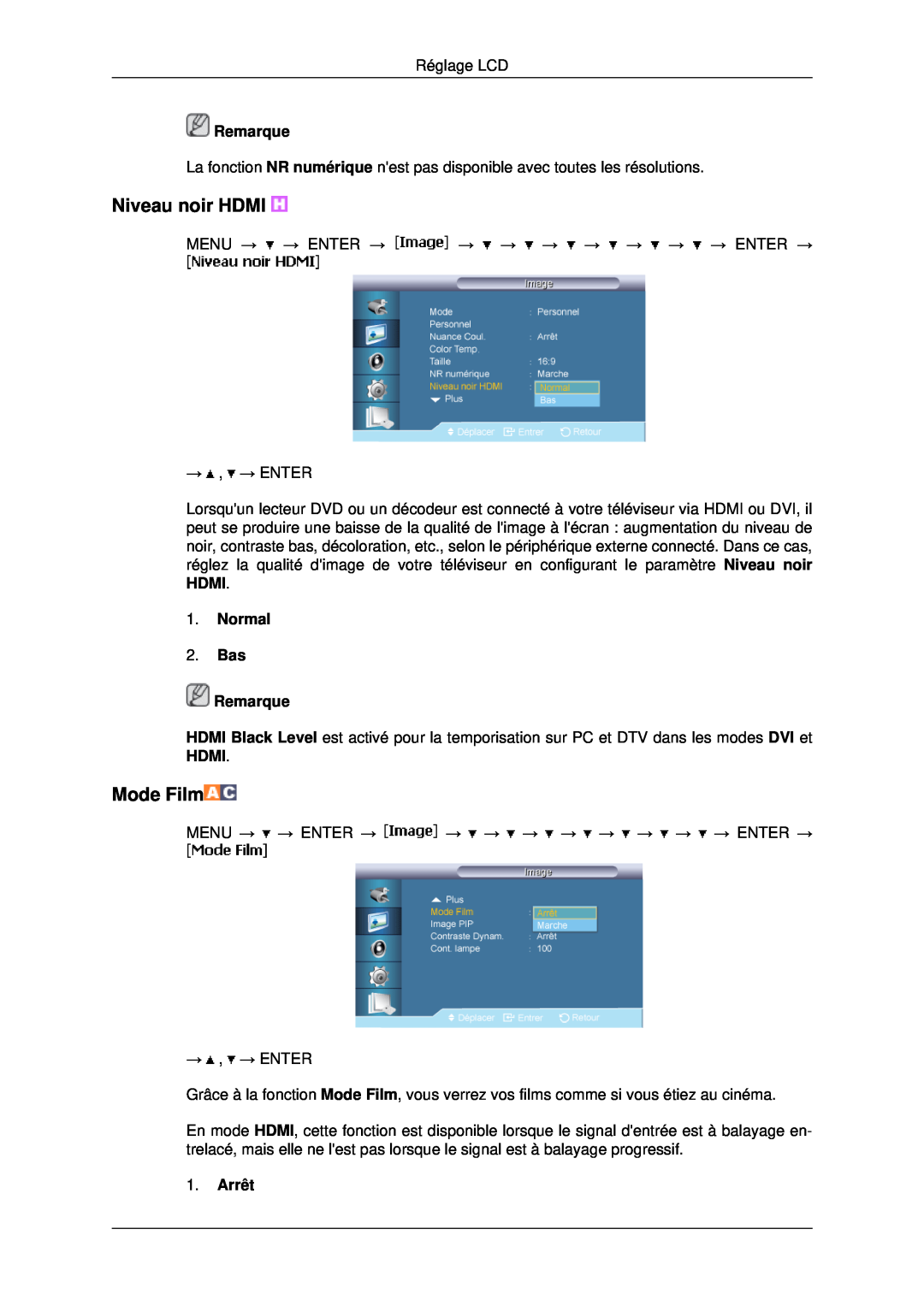 Samsung LH40MRPLBF/EN, LH46MRPLBF/EN, LH40MRTLBC/EN manual Mode Film, Arrêt, Niveau noir HDMI, Normal 2. Bas Remarque 