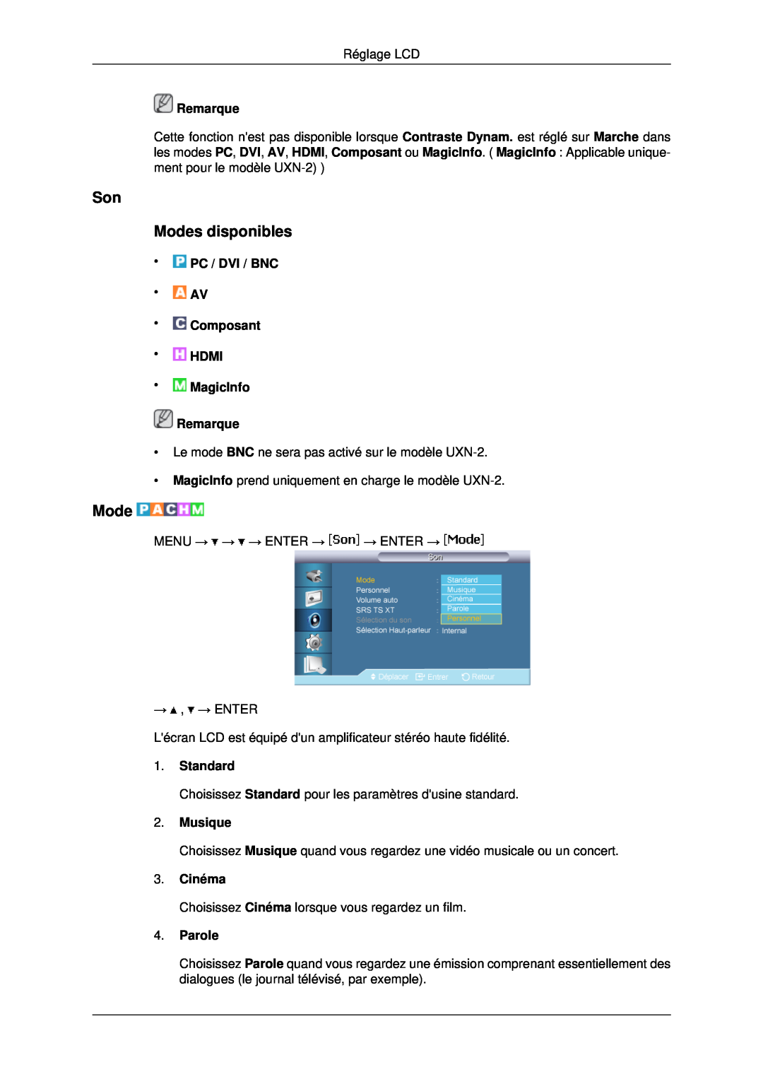 Samsung LH46MRPLBF/EN, LH40MRTLBC/EN, LH40MRPLBF/EN manual Son Modes disponibles, Standard, Musique, Cinéma, Parole, Remarque 