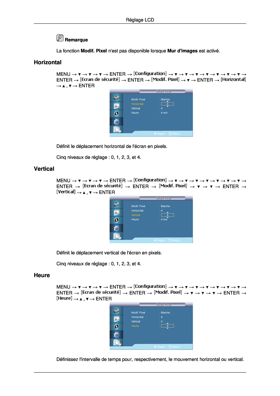 Samsung LH46MRPLBF/EN, LH40MRTLBC/EN, LH40MRPLBF/EN, LH46MRTLBC/EN, LH46MSTLBB/EN manual Heure, Horizontal, Vertical, Remarque 