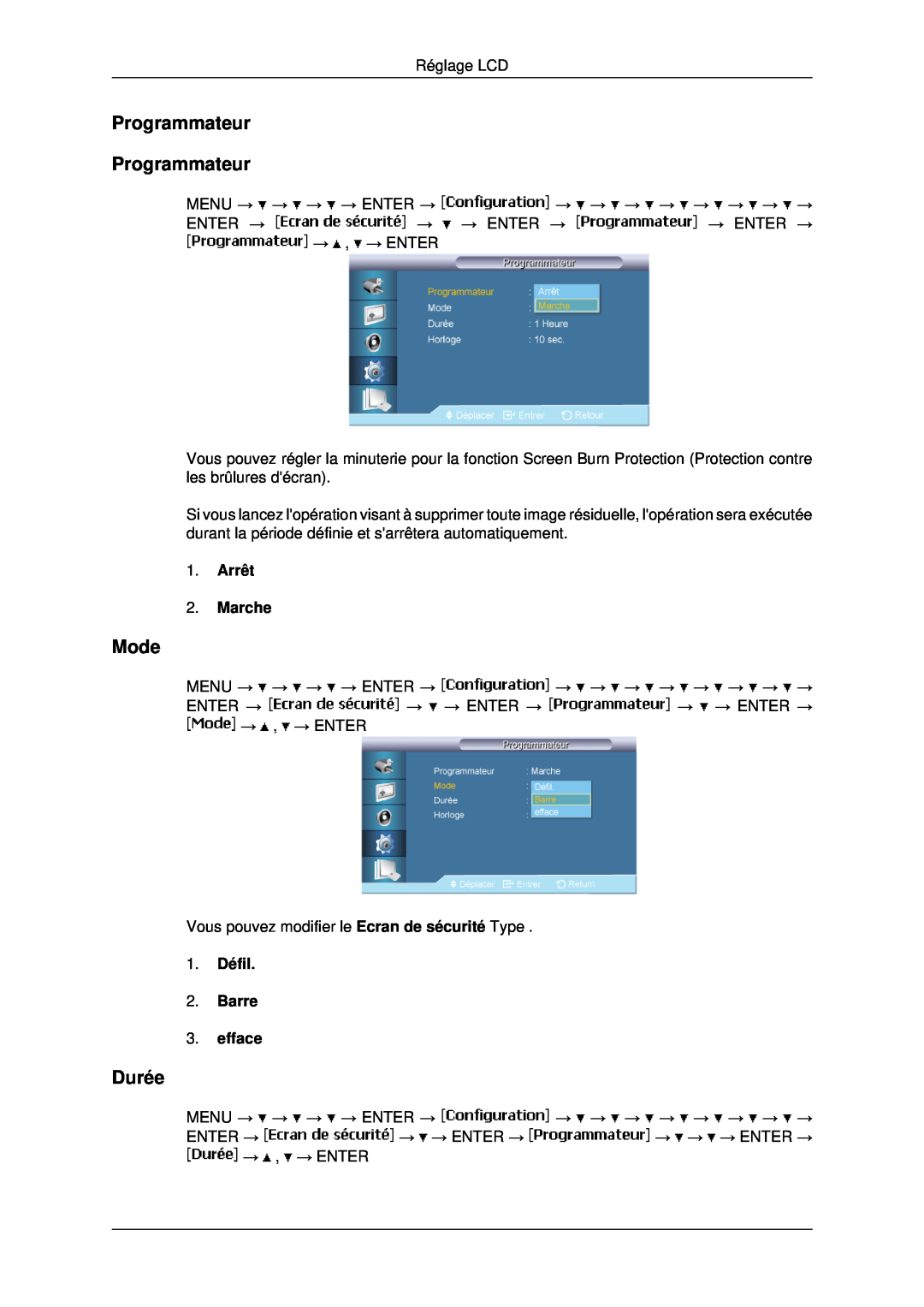 Samsung LH40MRTLBC/EN manual Programmateur Programmateur, Durée, 1. Défil 2. Barre 3. efface, Mode, Arrêt 2. Marche 
