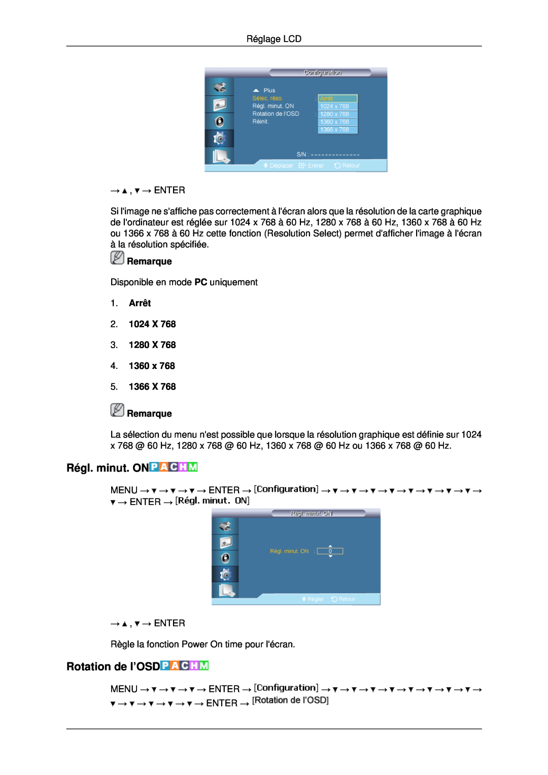 Samsung LH46MSTLBB/EN manual Régl. minut. ON, Rotation de l’OSD, Arrêt 2. 1024 X 3. 1280 X 4. 1360 x 5. 1366 X Remarque 