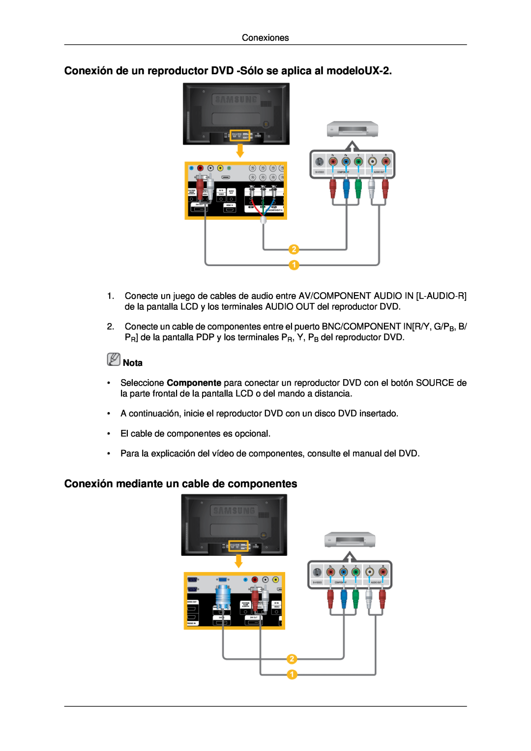 Samsung LH46MRTLBN/EN, LH46MRPLBF/EN, LH40MRTLBC/EN manual Conexión de un reproductor DVD -Sólo se aplica al modeloUX-2, Nota 