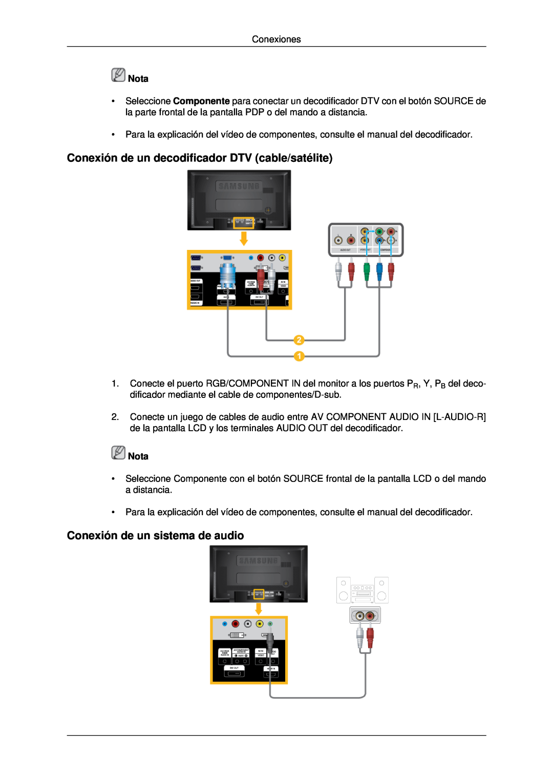 Samsung LH46MRTLBC/EN manual Conexión de un decodificador DTV cable/satélite, Conexión de un sistema de audio, Nota 