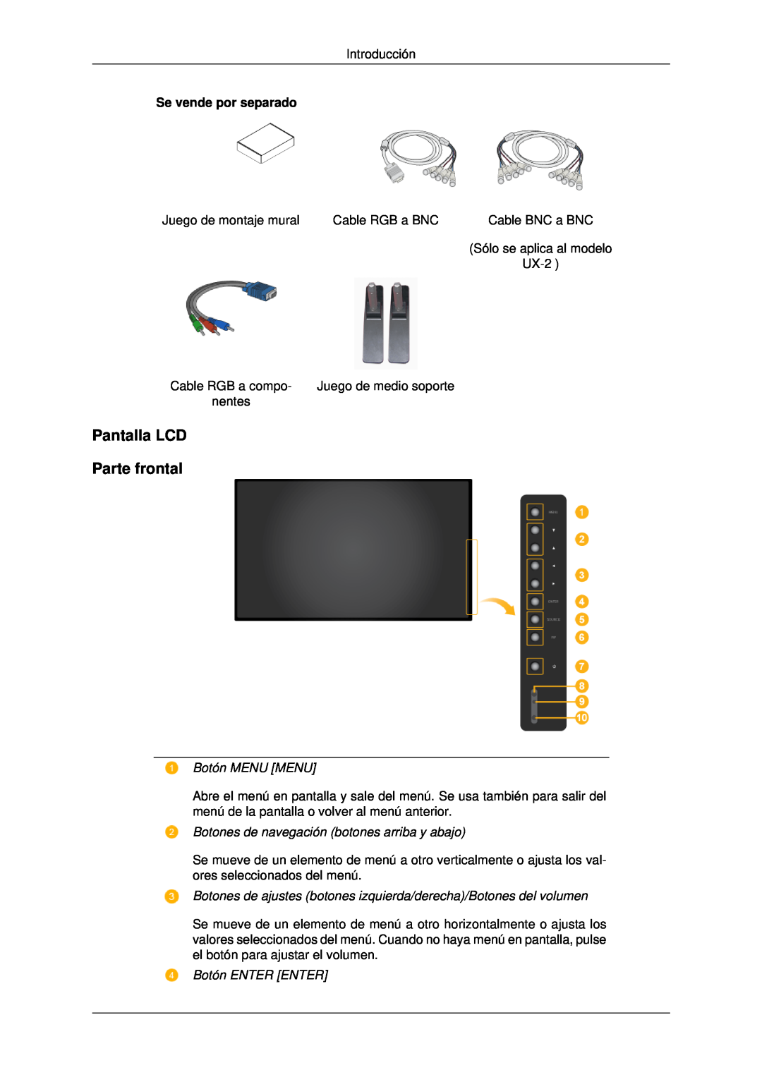 Samsung LH46MSTLBB/EN manual Pantalla LCD Parte frontal, Botón MENU MENU, Botones de navegación botones arriba y abajo 