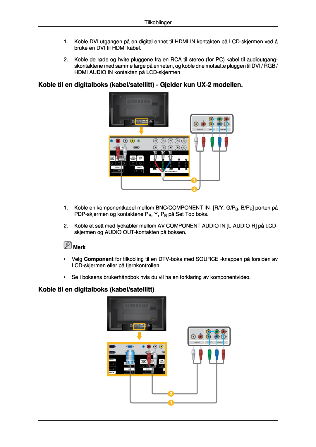 Samsung LH46MRTLBC/EN, LH46MRPLBF/EN manual Koble til en digitalboks kabel/satellitt - Gjelder kun UX-2 modellen, Merk 