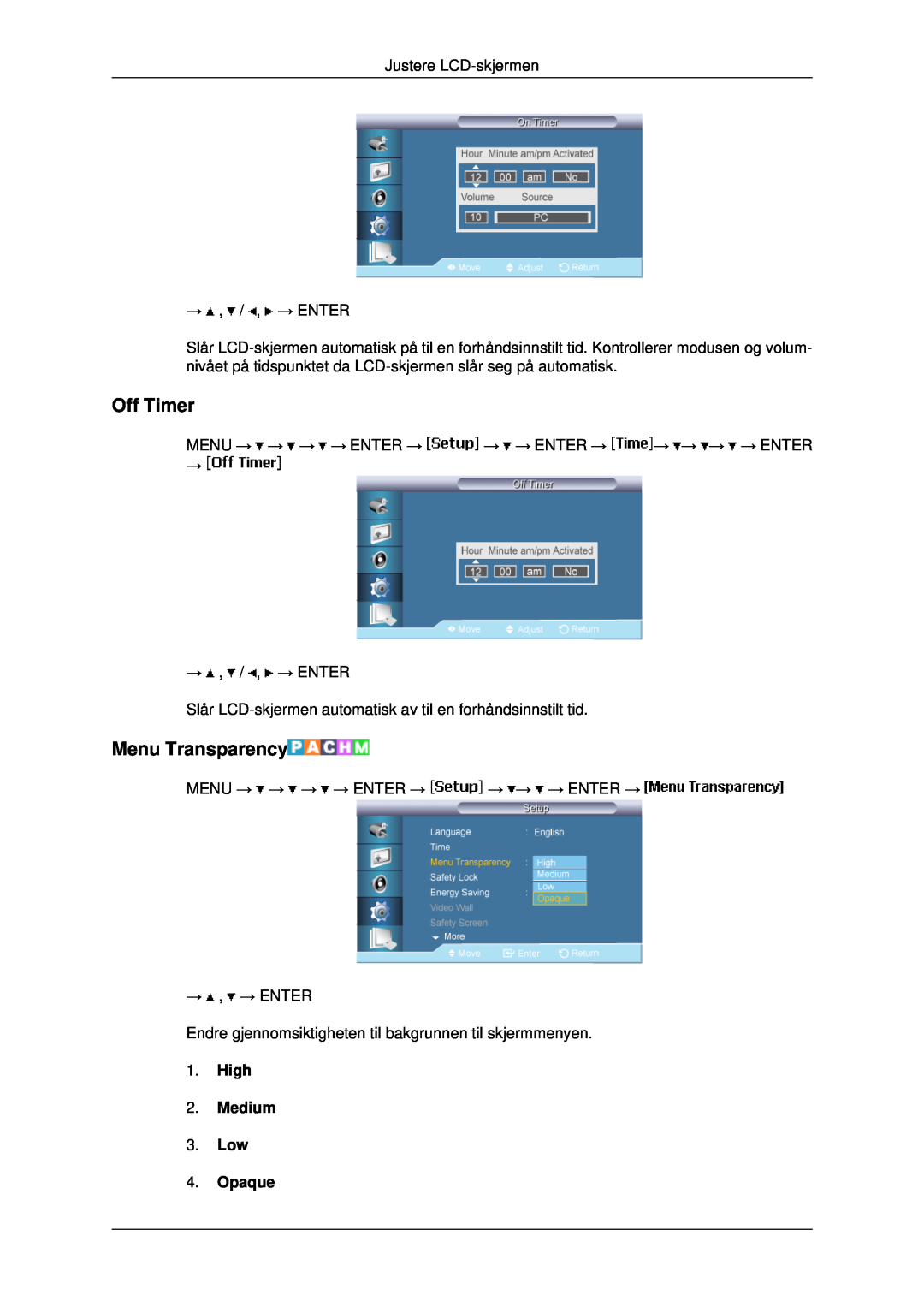 Samsung LH46MRTLBC/EN, LH46MRPLBF/EN, LH40MRTLBC/EN manual Off Timer, Menu Transparency, High 2. Medium 3. Low 4. Opaque 