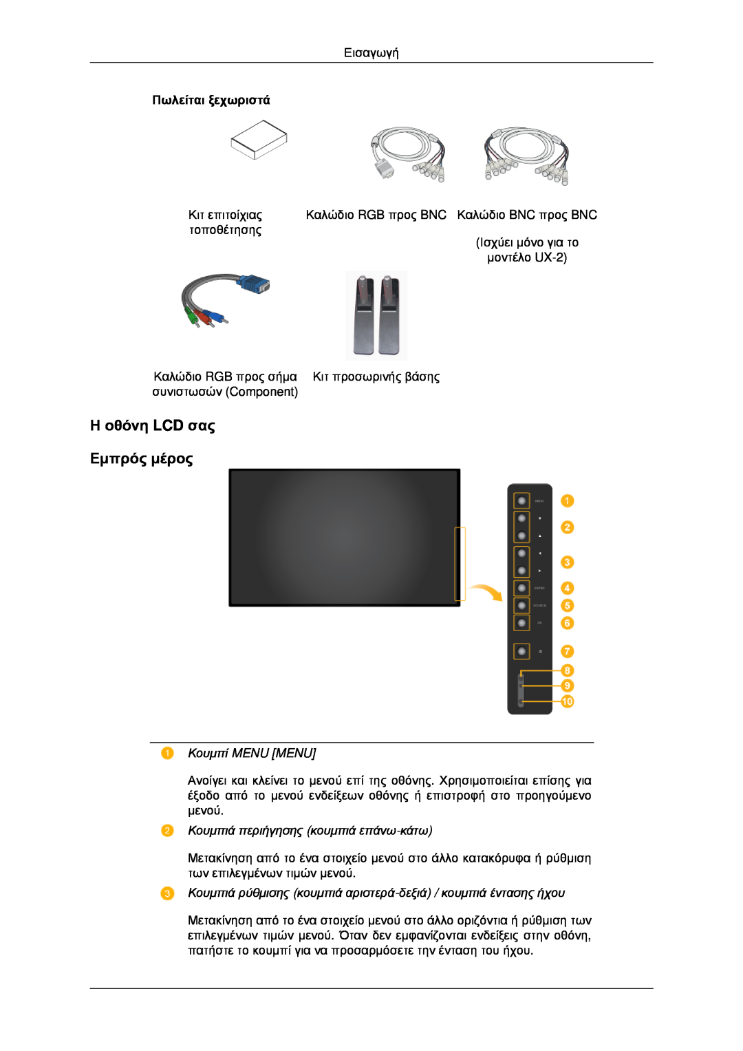 Samsung LH40MRPLBF/EN, LH46MRPLBF/EN Η οθόνη LCD σας Εμπρός μέρος, Κουμπί MENU MENU, Κουμπιά περιήγησης κουμπιά επάνω-κάτω 