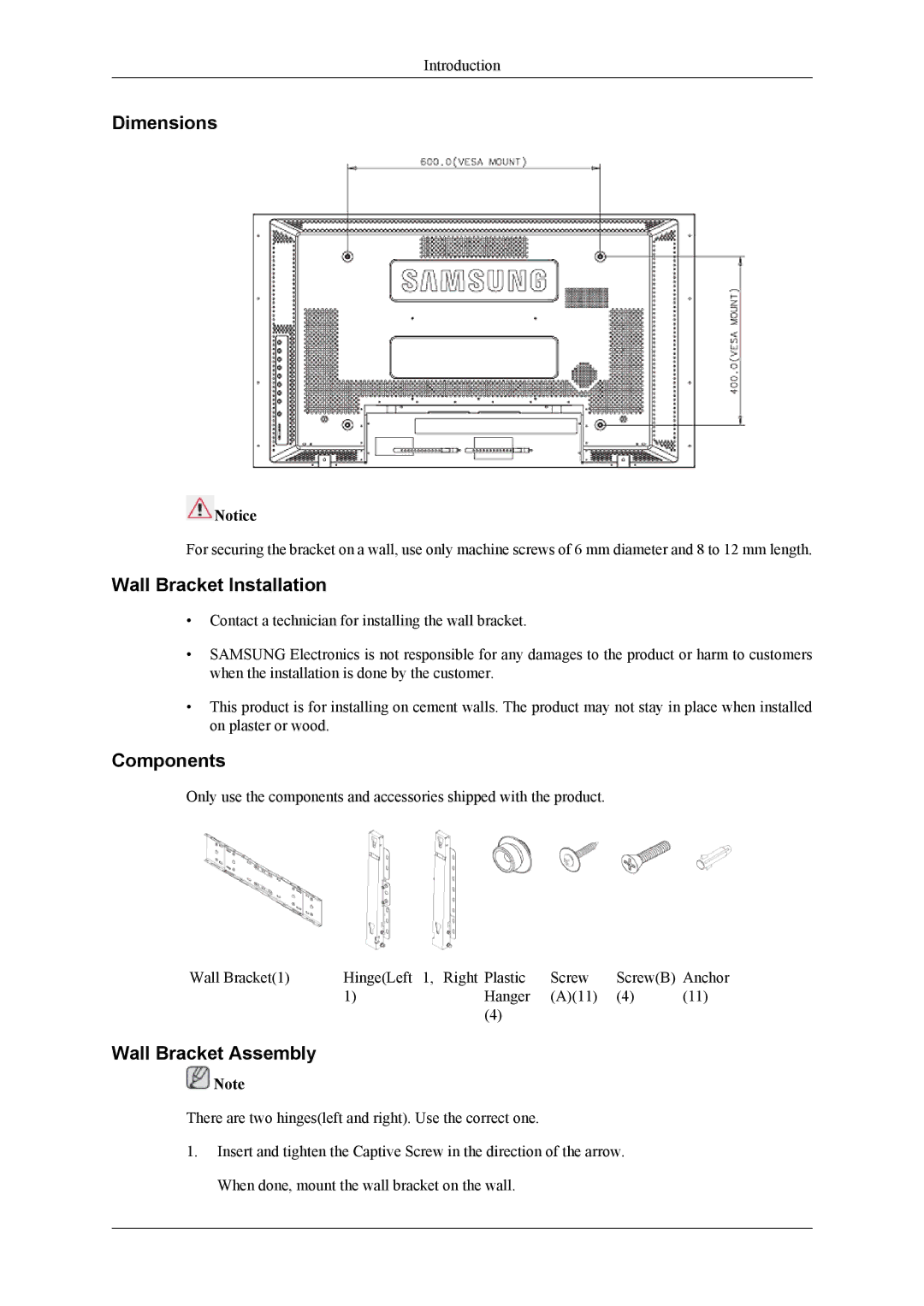 Samsung LH46MSPLBM/EN, LH40MSPLBB/EN manual Dimensions, Wall Bracket Installation, Components, Wall Bracket Assembly 