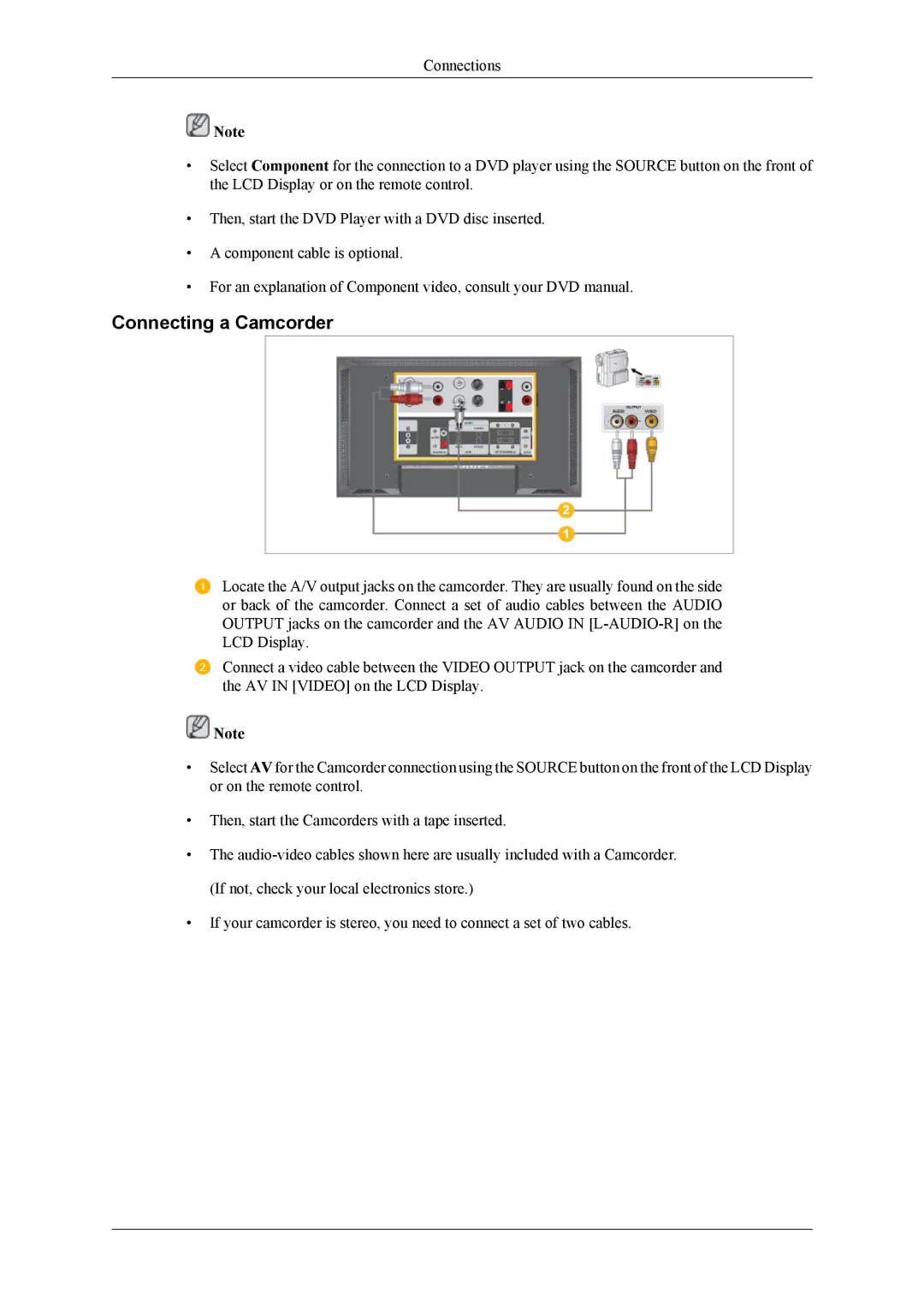 Samsung LH46MSPLBB/EN, LH46MSPLBM/EN, LH40MSPLBB/EN, LH40MSPLBM/EN, LH40MSPLBB/XY manual Connecting a Camcorder 