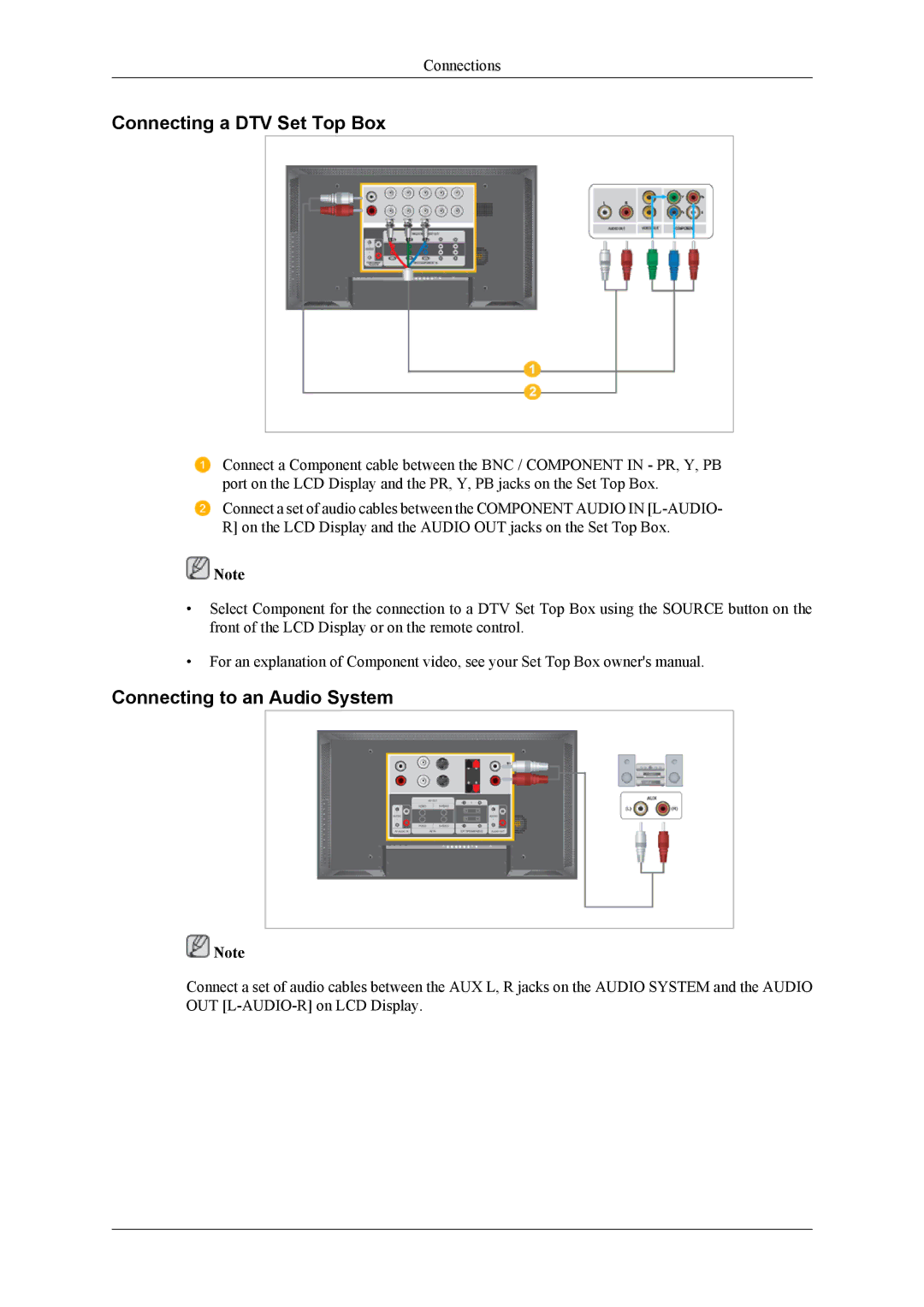 Samsung LH40MSPLBB/XY, LH46MSPLBM/EN, LH40MSPLBB/EN manual Connecting a DTV Set Top Box, Connecting to an Audio System 