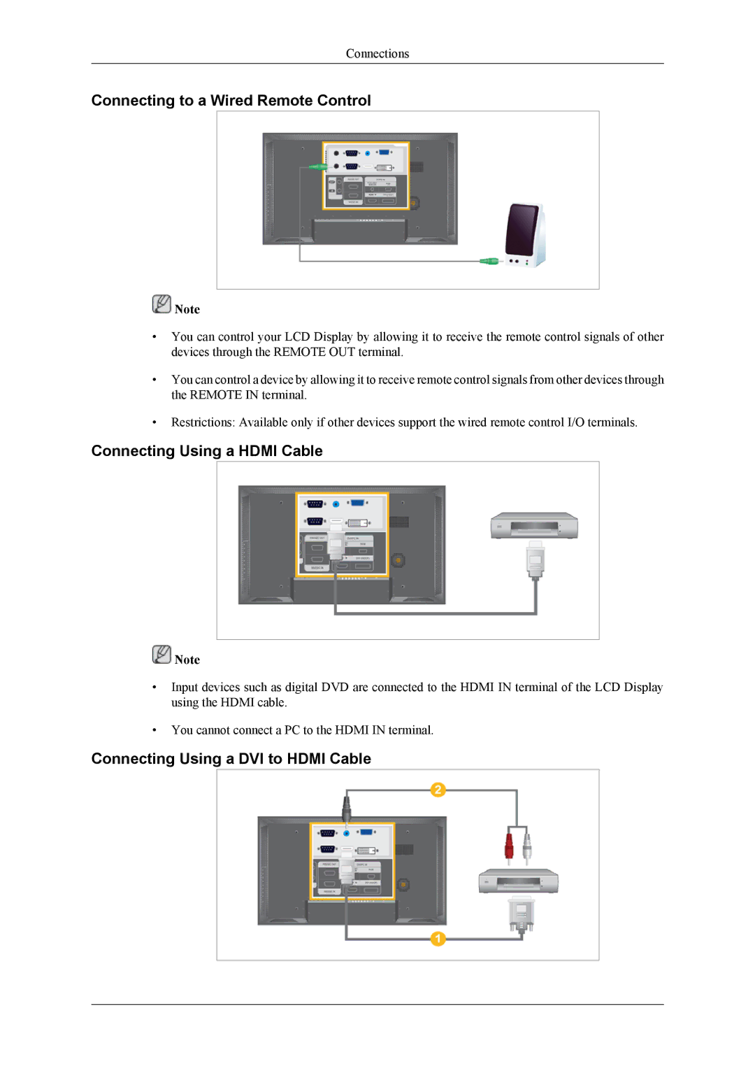 Samsung LH46MSPLBM/EN, LH40MSPLBB/EN, LH40MSPLBM/EN Connecting to a Wired Remote Control, Connecting Using a Hdmi Cable 