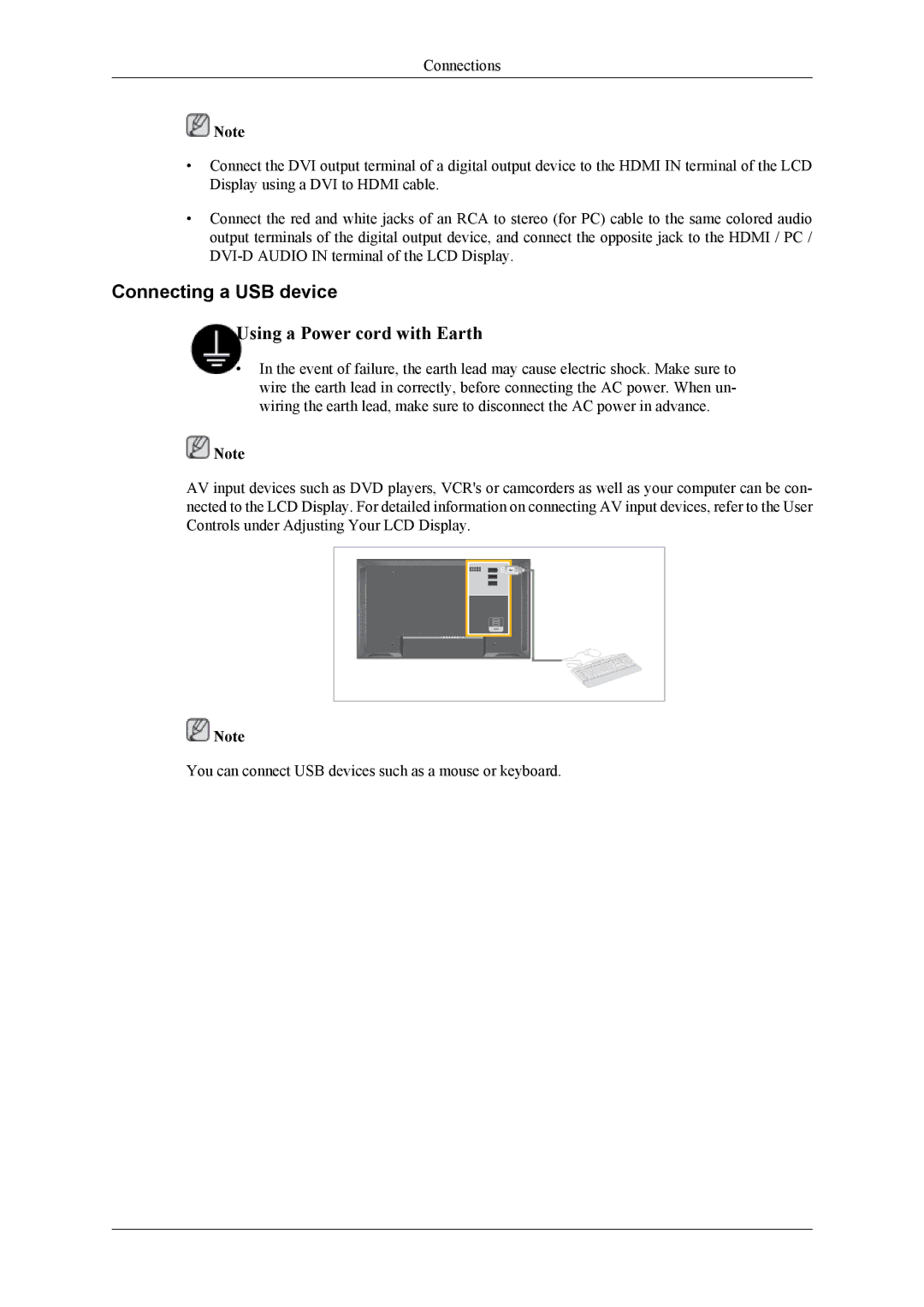 Samsung LH40MSPLBB/EN, LH46MSPLBM/EN, LH40MSPLBM/EN, LH46MSPLBB/EN, LH40MSPLBB/XY manual Connecting a USB device 