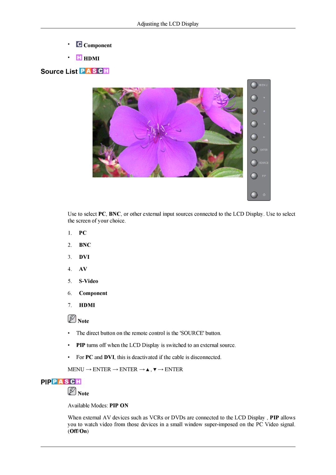 Samsung LH46MSPLBM/EN, LH40MSPLBB/EN, LH40MSPLBM/EN, LH46MSPLBB/EN, LH40MSPLBB/XY manual Source List, BNC DVI Video Component 