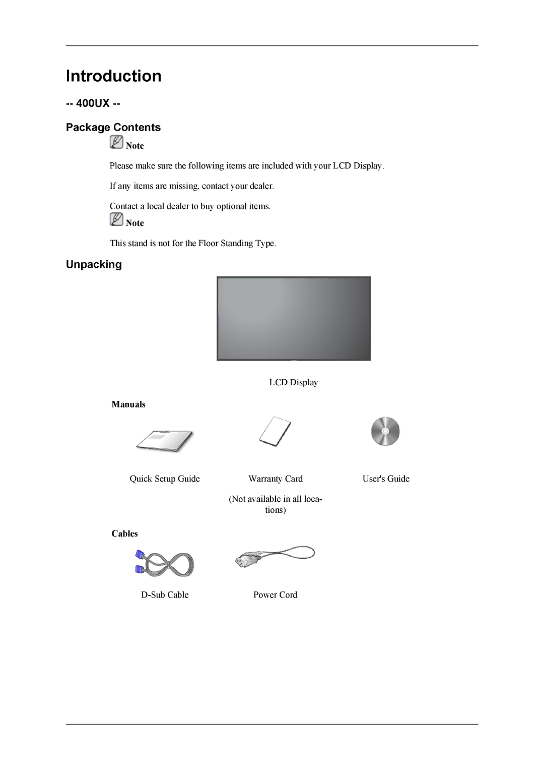 Samsung LH40MSPLBB/XY, LH46MSPLBM/EN, LH40MSPLBB/EN, LH40MSPLBM/EN, LH46MSPLBB/EN manual 400UX Package Contents, Unpacking 