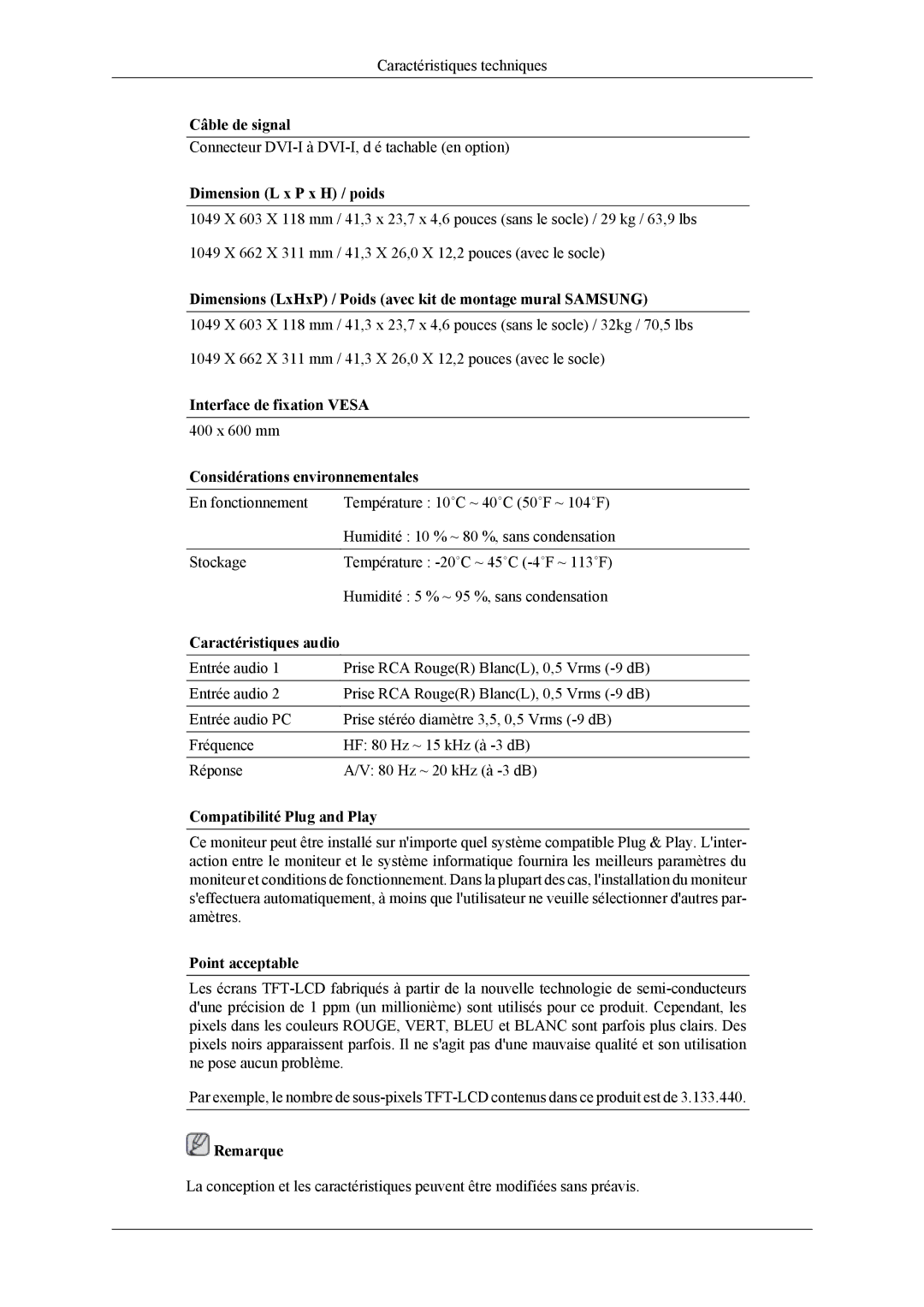 Samsung LH40MSPLBM/EN, LH46MSPLBM/EN, LH40MSPLBB/EN, LH46MSPLBB/EN manual Dimension L x P x H / poids 