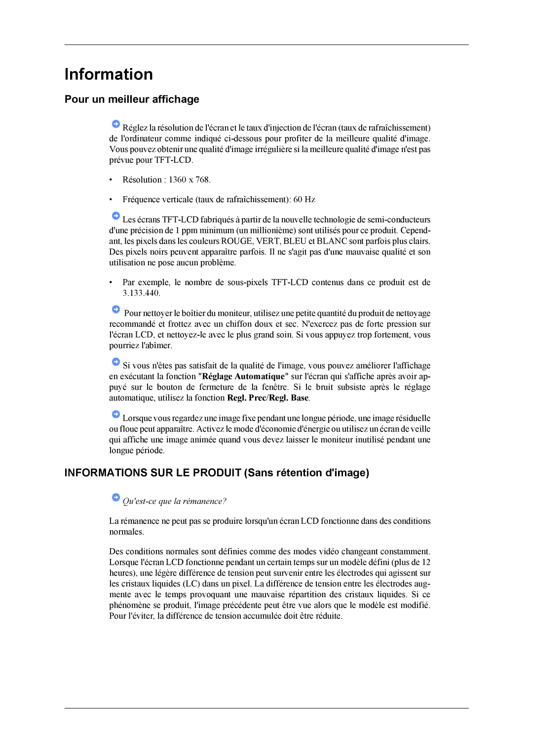 Samsung LH40MSPLBB/EN, LH46MSPLBM/EN manual Pour un meilleur affichage, Informations SUR LE Produit Sans rétention dimage 